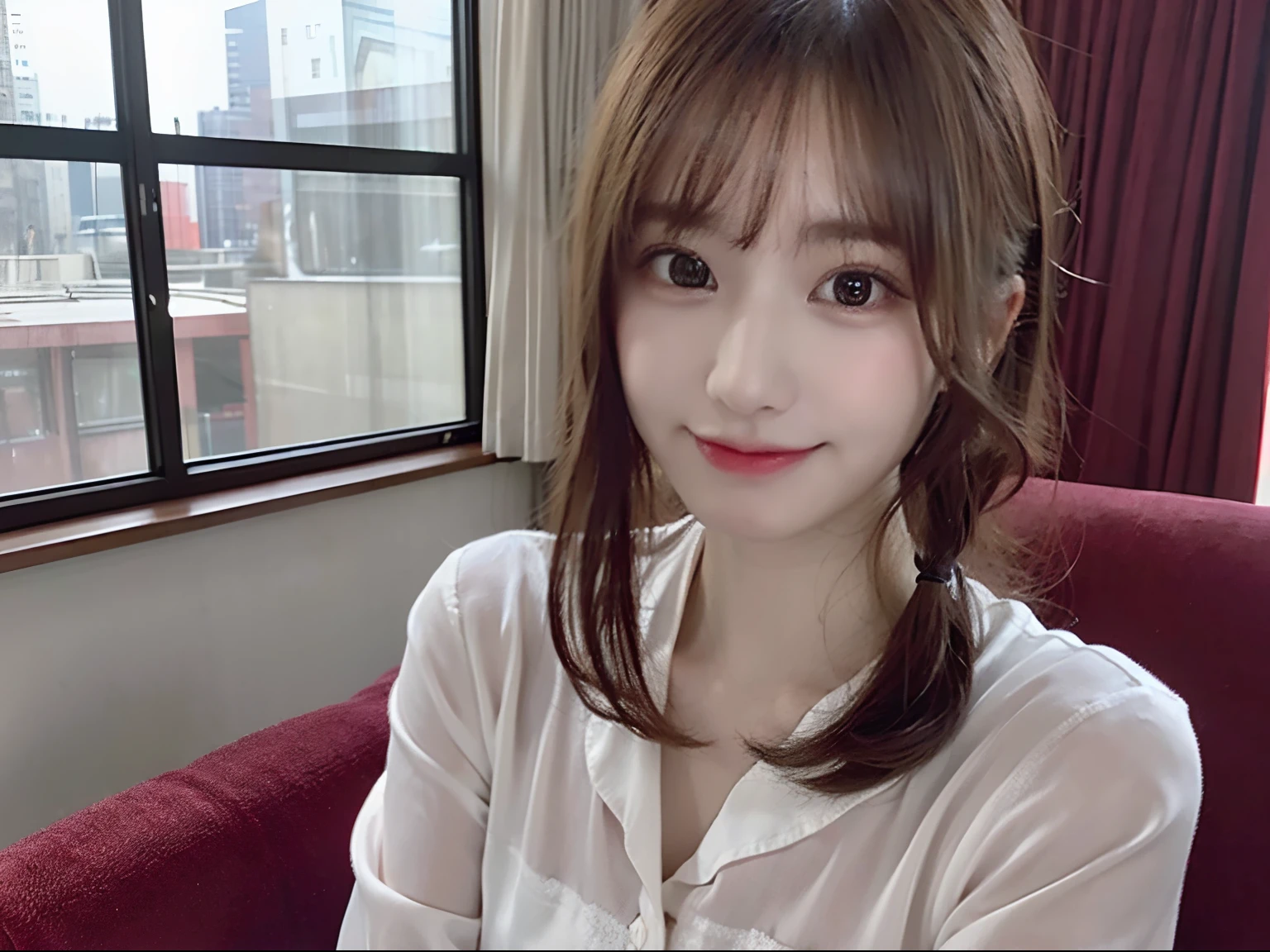 masutepiece, Best Quality, Illustration, Ultra-detailed, finely detail, hight resolution, 8K Wallpaper, Perfect dynamic composition, Beautiful detailed eyes, Casual Office Clothes,Medium Hair,small ,Natural Color Lip, Bold sexy poses,Smile、20 years girl、Cute、is looking at the camera
