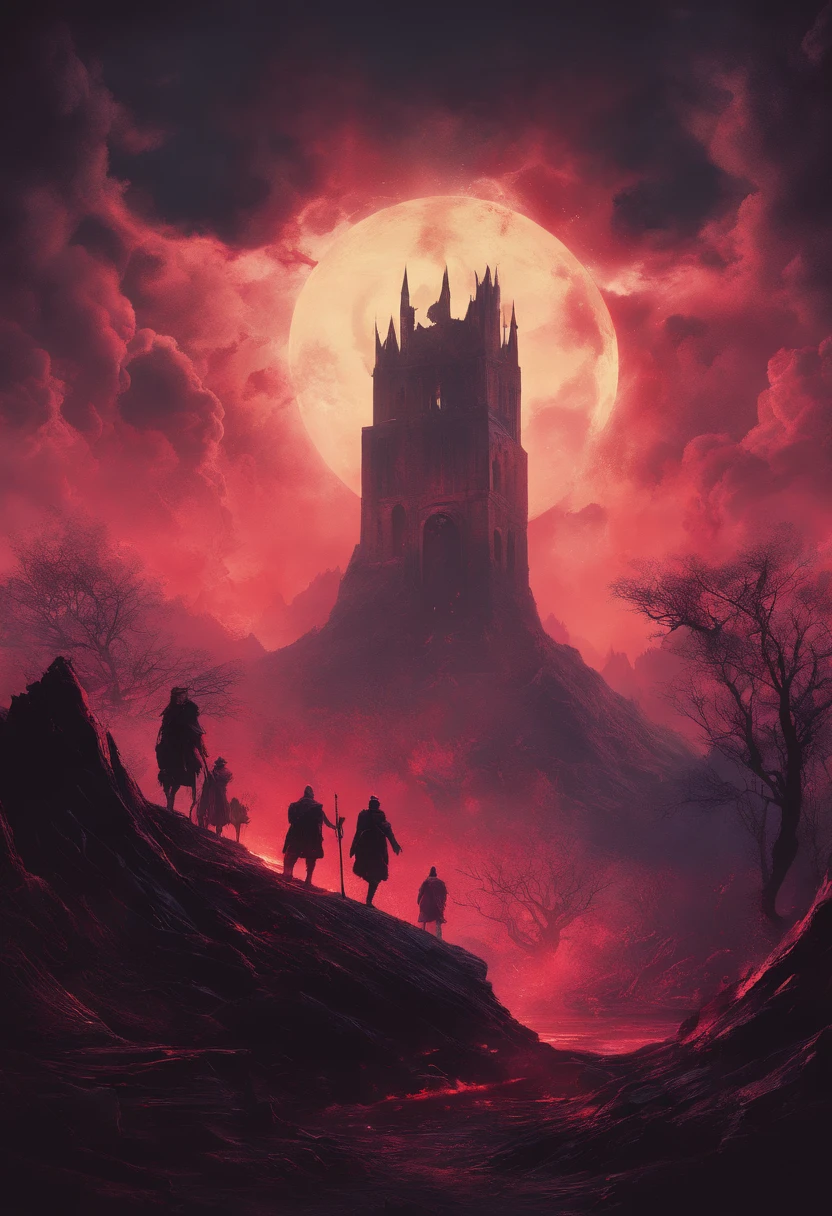 (best quality,4k,8k,highres,masterpiece:1.2),ultra-detailed,(realistic,photorealistic,photo-realistic:1.37),illustration,dark fantasy,action-packed scene,Suspenseful atmosphere,ominous vibes,game cover,adventurous,Stranger Things inspired,Abyssal landscape,dark portal,hidden danger,mystical elements,group of adventurers,tense moment,sense of urgency,mysterious aura,menacing threat,asymmetric design,neon lights,gleaming sword,glowing spells,cloaked figures,hazy mist,ominous red glow,strategic positioning,dynamic composition,magical artifacts,destructive power,dark cloud looming,haunting presence,dramatic sky,foreboding shadows,secretive ritual,uncertain fate