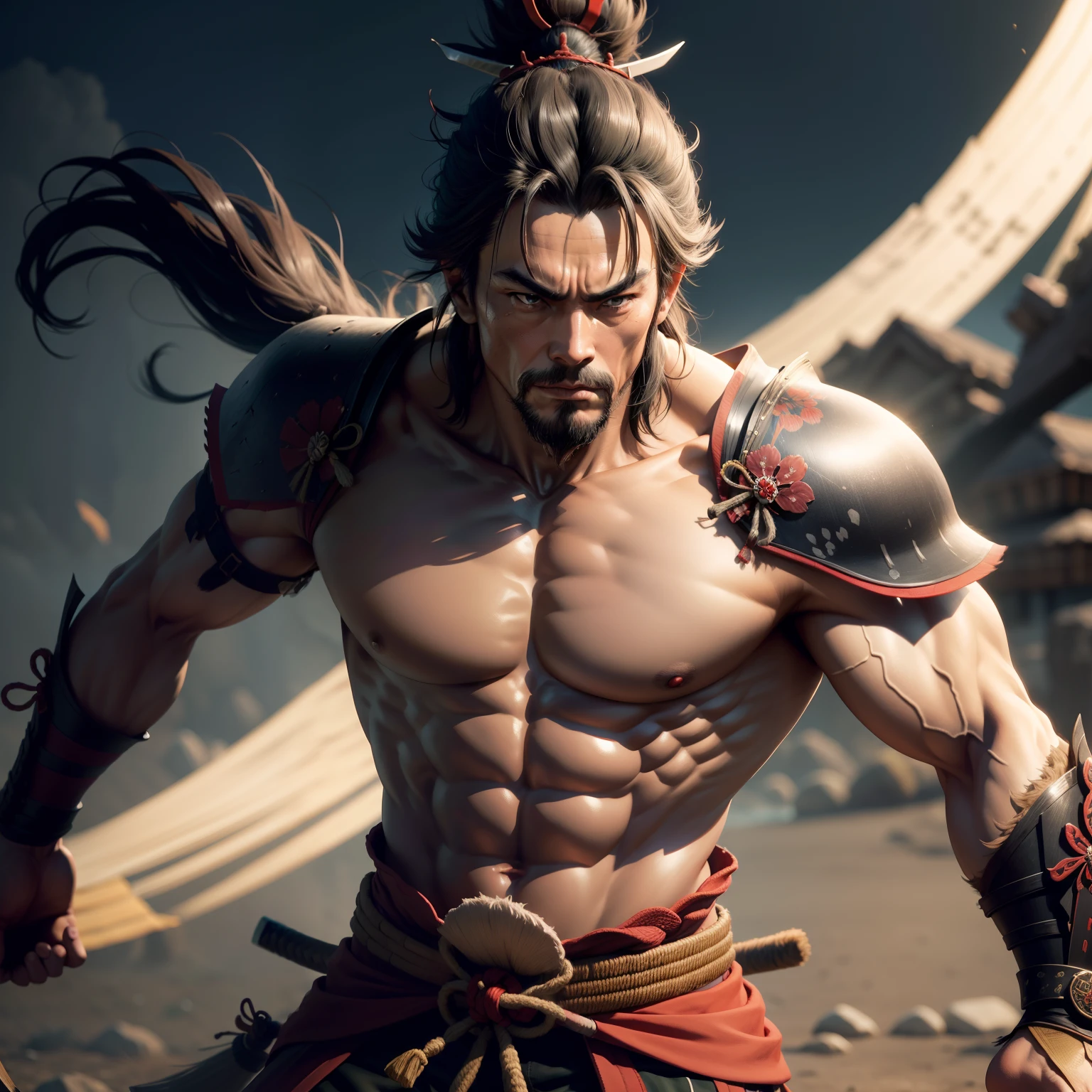 Muscular handsome samurai kimono wearing armor，tit，vast pecs，Nippur，Crotch in men，，Hair on the stomach，Crotch up，look up from below，breasts,breast grab