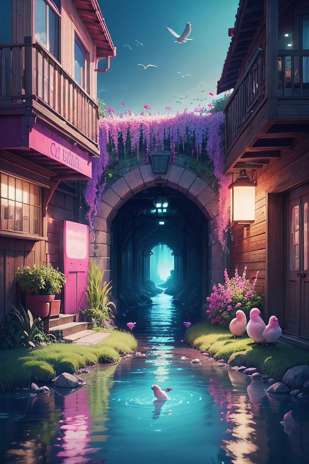 Create a beautiful scene, with birds, animals, vegetation, water, neon, magenta, green, pink, blue, white, award-winning, different image
