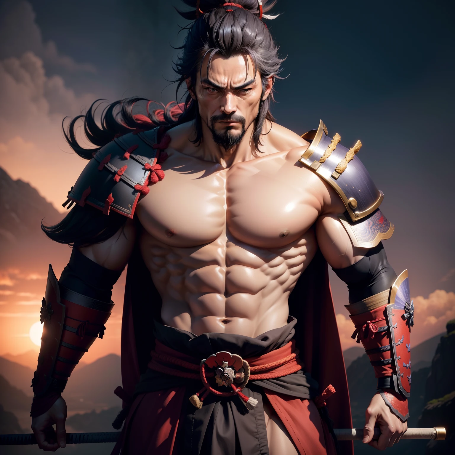 Miyamoto musashi muscular body, a samurai, beautiful background, high resolution, cinematic view, 8k