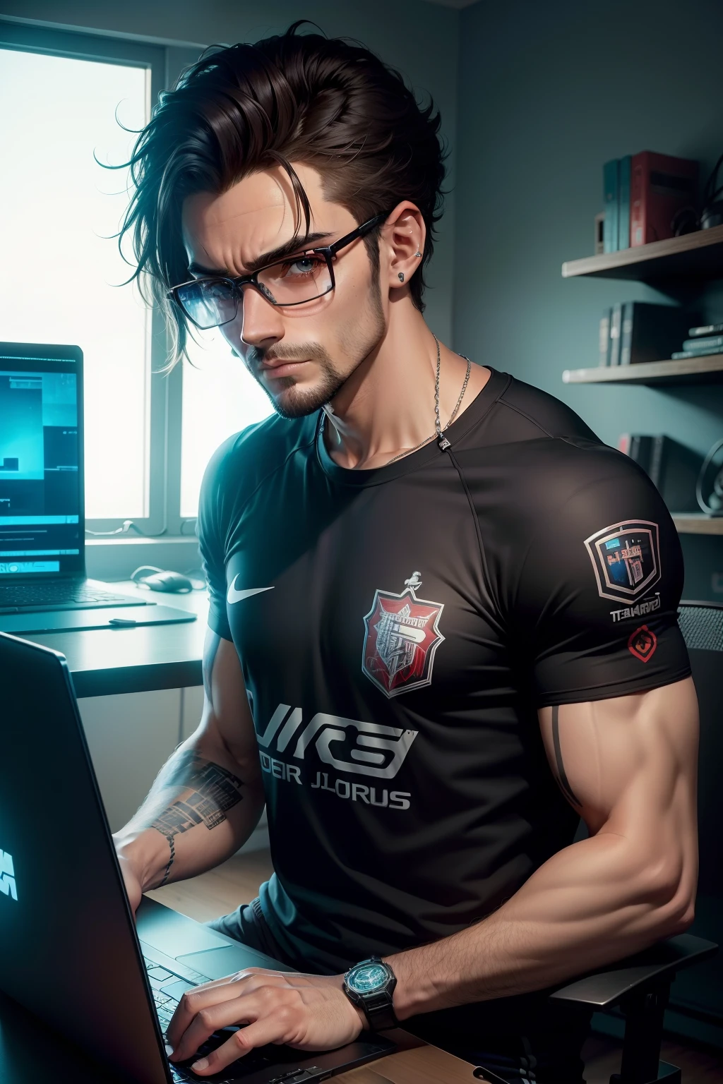 um homem em uma sala cyberpunk trabalhando em Laptop vestindo a camiseta do sport clube internacional, e com a logo da WS Studio Criativo no computador.