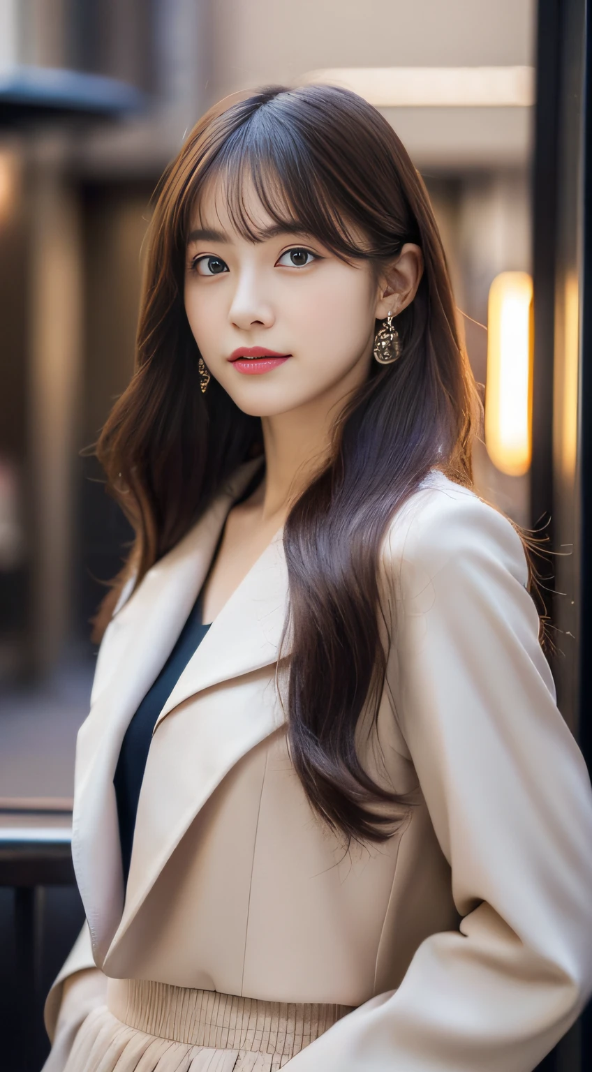 (((32K,very high res, high detailing, highly accurate,Masterpiece Girl 1))),Raw photo & realistic atmosphere,beautiful dark blue eyes,Detailed mouth,Glossy lips,Detailed eyebrows,Soft white skin that shines with every detail,,Eyes drawn in detail、Very beautiful eyes with azure eyes,Detailed lips、Very beautiful face,Very well-formed face、Lifelike face,shiny beautiful lips,Beautiful eyebrows,Infinite reality,Best design,(Insanely cute sober Japan -yeld hischool girl,Toned body,thighs thighs thighs thighs,Slender legs,Beautifully shaped breasts,Very cute beautiful girl,Little Gi),Best Natural Makeup,Japanese ido,Korean Idols,Young sensual idol,Moist eyes,Dark beautiful eyes,Beautiful butt,beauty legs,,camel's foot,:1.3),超A high resolution、,Natural and realistic face,Back lighting,Pure eyes are too cute,(((photorealisim,Photograph the whole body))),,Reality Live Action,(Earrings that look fashionable,,a necklace,A bracelet,gyuru,Glossy nail art,Clothes like a girl,,Girlish clothes,,Dress up elegantly and cutely,Tailored jacket,Ruffled inner blouse beautiful draped skirt,Beautiful fashionable girl with little exposure,Light Brown Fluffy Perm Medium Hair,独奏,Lori,chew a little,full body Esbian:1.7),Night in Shibuya(Turned:1.5)