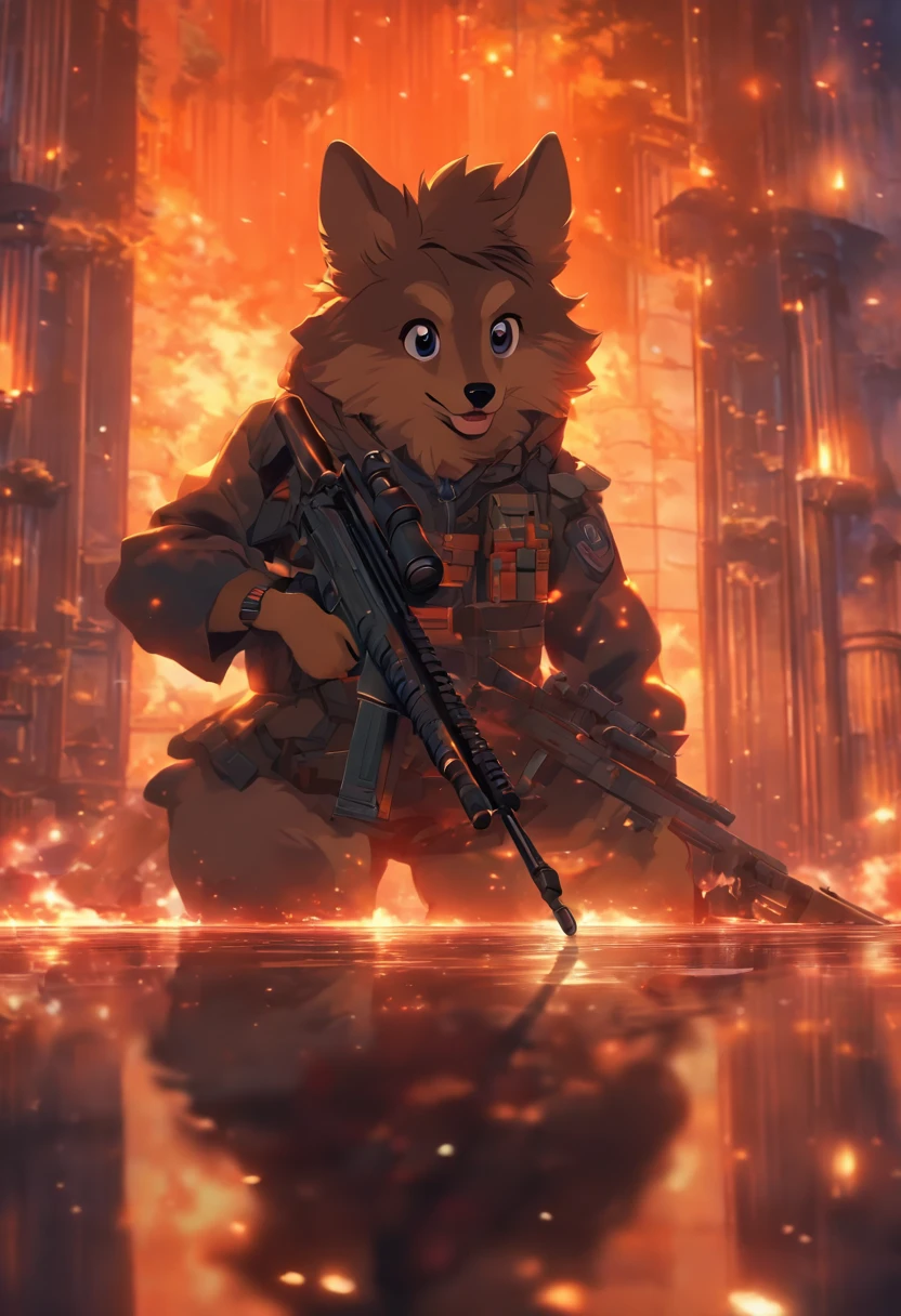 Dog holding or shooting sniper rifle, Cinematic light and reflection, Intermediate metaverse elements,Digital Painting, Glowing reflections,Beautiful atmosphere night skylight,Surrounded by clouds, Enemy castle, glazed tiles,tmasterpiece, high quarity, Beautiful graphics, high detal,Looking down from a high place