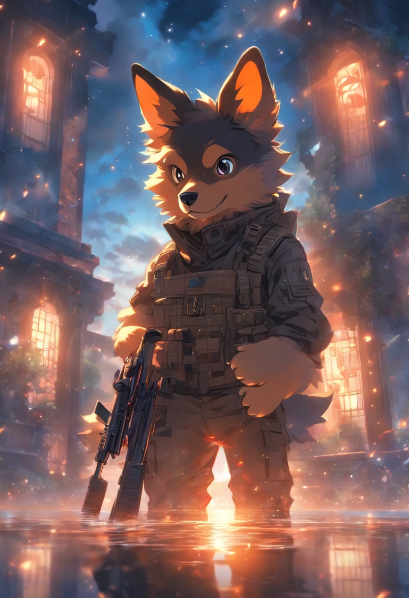 Dog holding or shooting sniper rifle, Cinematic light and reflection, Intermediate metaverse elements，Digital Painting, Glowing reflections,Beautiful atmosphere night skylight,Surrounded by clouds, Enemy castle, glazed tiles,tmasterpiece, high quarity, Beautiful graphics, high detal,Looking down from a high place