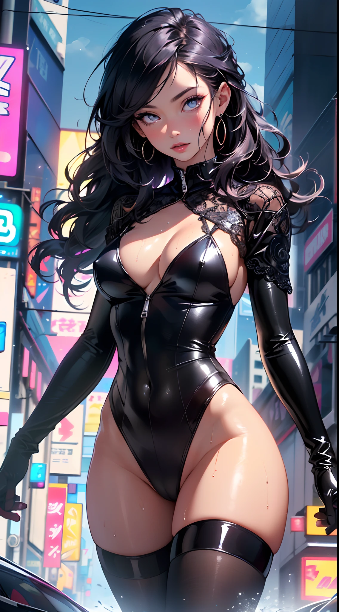 girl spacepunk,(((1girl))),((cute and beautiful black haired girl)),
(large breasts:1.4),saggy breasts,(((black wavy hair:1.35,absurdly long unkempt hair,messy hair,colored inner hair,ear breathing))),(((eyes purple:1.3))),intricate eyes,beautiful detailed eyes,symmetrical eyes,((fat)),(((lustrous skin:1.5,bright skin: 1.5,skin tanned,shiny skin,very shiny skin,shiny body,plastic glitter skin,exaggerated shiny skin,illuminated skin,wet legs))),(spider lower abdomen,narrow waist,wide hip,athletic body,inflated legs,delicate detailed fingers,detailed body,human hands,(detailed face)),
cute,slutty,erotic,((nsfw)),
zettai ryouiki,revealing clothing,show skin,(wearing a mechanical space body armor:1.3,micro armor bikini,bare legs),with micro clothes,almost totally naked,with little clothing,tiny thong,generous neckline,(((wet clothes,intricate outfit,intricate clothes))),
dynamic pose:1.0,embarrassed,(centered,scale to fit dimensions,Rule of thirds),
cyberpunk city by the ocean at night, with bright neon signs and dark stormy clouds and puddles, scenery:1.25,
artistic photography,(photography taken by sldr),highres, sharp focus, (ultra detailed, extremely detailed), (photorealistic artwork:1.37),(extremely detailed CG unity 8k wallpaper),((synthwave background theme)),(((vibrant colors))),(intricate background),(masterpiece),(best quality),