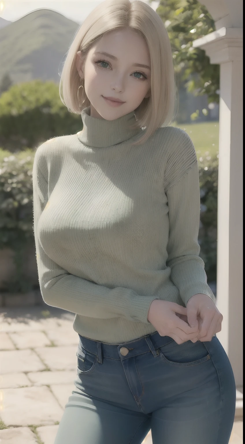 Masterpiece, Best quality, Ultra-detailed, Beautiful lighting, woman, denim pant, Blonde hair, (Green eyes:1.3), (White sweater:1.2), Turtleneck, The stands up, In Park, Beautiful scenery, Slight blush, Smiling, (Cute smile:1,1), (Glossy lips:1.1), (Beautiful eyes:1.1), wonderful backround, Closed mouth, Arms_Behind_back, Short hair