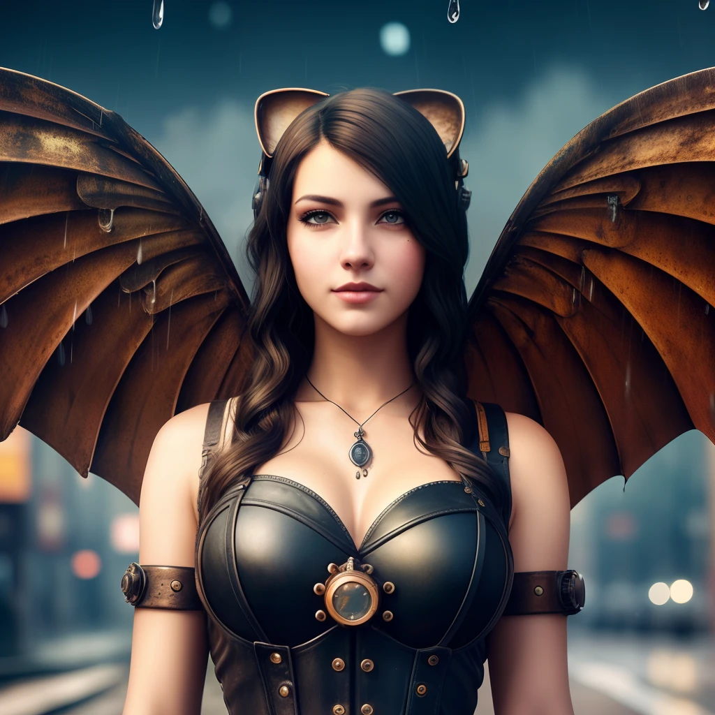 A full body snapshot of a smiley beautiful 19-years-old catgirl in rusting steampunk costume, raining and wet, modeling pose, soggy and wet hair, wet skin, perfect detailed face, detailed symmetric Heterochromia eyes with circular iris, wavy brown hair, wearing enormous mechanical wings in her back, overall theme is street photography in Industrial Steampunk City, steamy background with lots of steam pipes and steam valves and pressure gauges and gears, realistic, stunning realistic photograph, 3d render, octane render, intricately detailed, cinematic, Isometric, Centered, hyperealistic cover photo, awesome full color, 12k, high definition, cinematic, portrait featured on unsplash, smooth, ultra high definition, 8k, ultra sharp focus, intricate artwork, masterpiece, ominous, epic, highly detailed, warm cinematic lighting, high contrast lighting, hyper photorealism, DSLR, Canon 5D, 8k resolution,