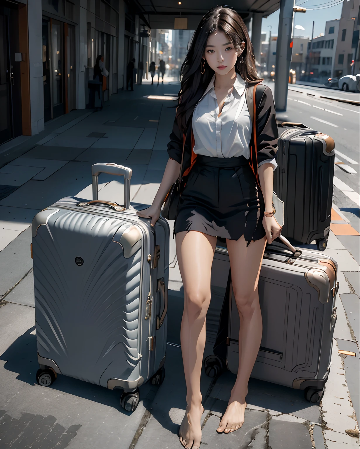(((Masterpiece,High Quality,Best Quality,High Resolution,barefoot,Black and Orange Image,Line Drawing,Realistic,2 Girls,Suitcase,in room,Travel Preparations,Hurrying,Large Amount of Luggage,Clothes That Don't Fit,Contrasting Amount of Luggage for Another Person,One School Bag))),Another Person with Minimal Luggage,Smartphone Charger,Mobile Battery,Eye Mask,Pillow,Sinking Body,Business Trip,Torn Ticket,Dust,Gust of Wind,