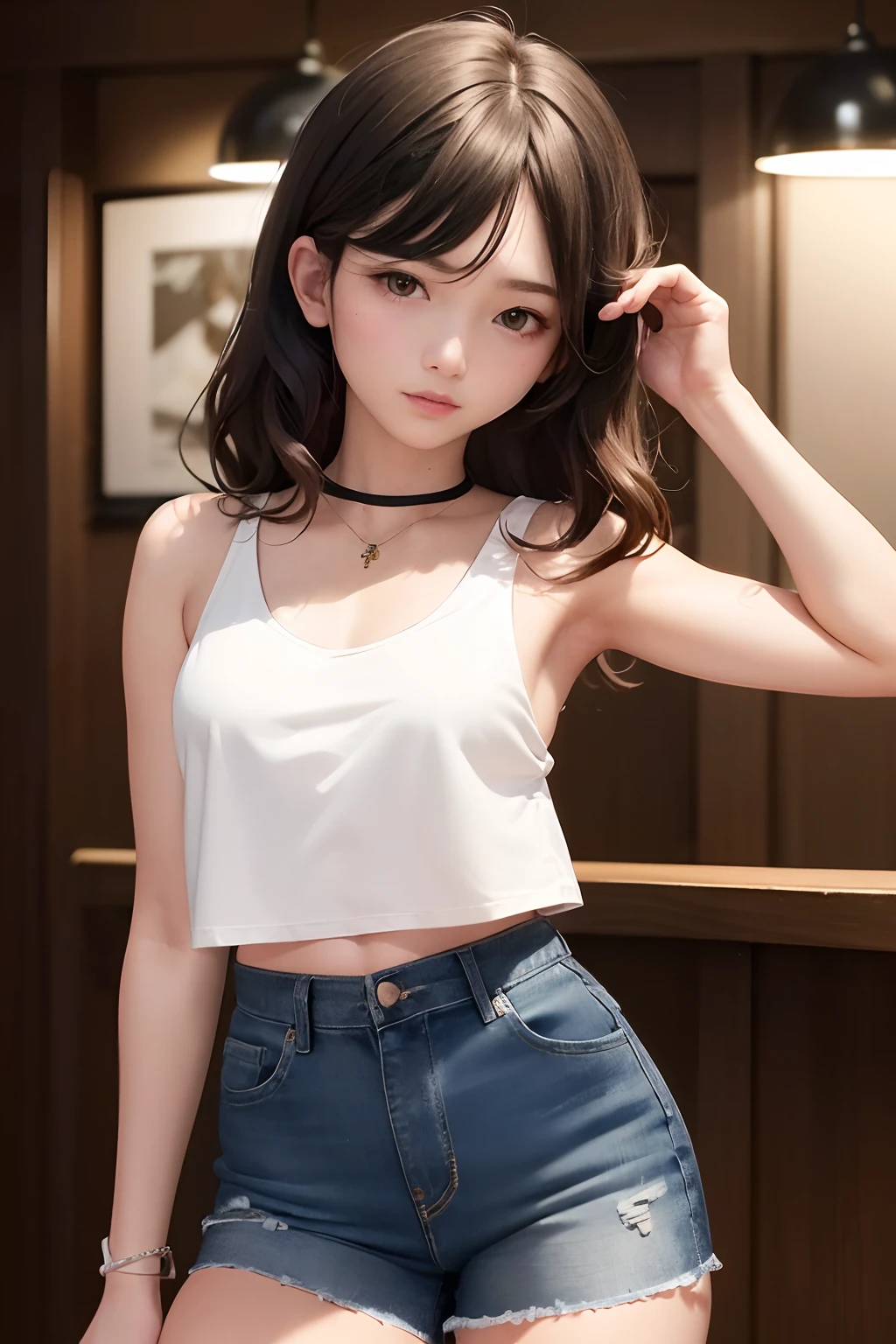 ((medium breast, tomboy girls, small head)), daylight, sunlight, (chiseled abs : 1.1), (perfect body : 1.1), (short wavy hair : 1.2) , auburn hair, collar, chain, full body shot, crowded street, wearing black tanktop, jeans jacket, ((shorts)), (extremely detailed CG 8k wallpaper), (an extremely delicate and beautiful), (masterpiece), (best quality:1.0), (ultra highres:1.0),  beautiful lighting ,perfect lightning, realistic shadows, [highres], detailed skin, ultra-detailed