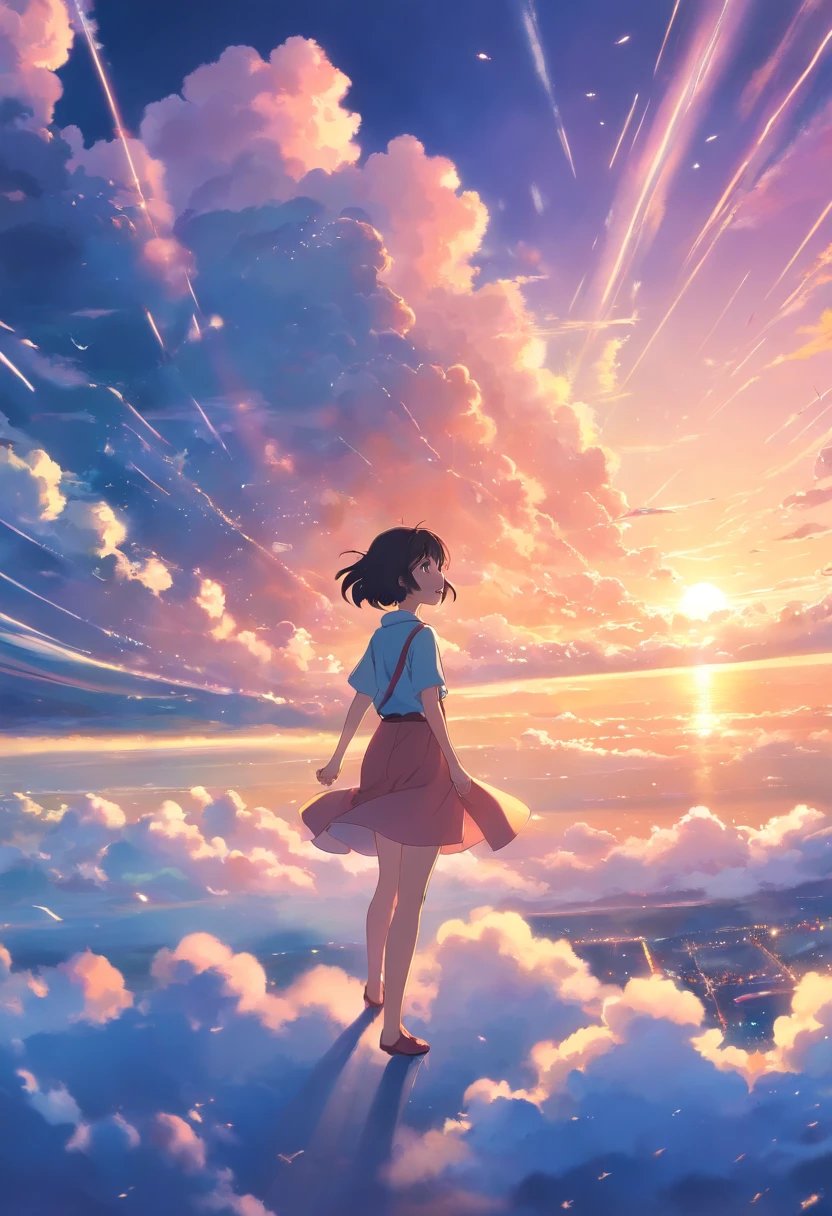 masterpiece, best quality, movie still, 1girl, cloud girl, floating in the sky, close-up, bright, happy, warm soft lighting, sunset, (sparks:0.7)