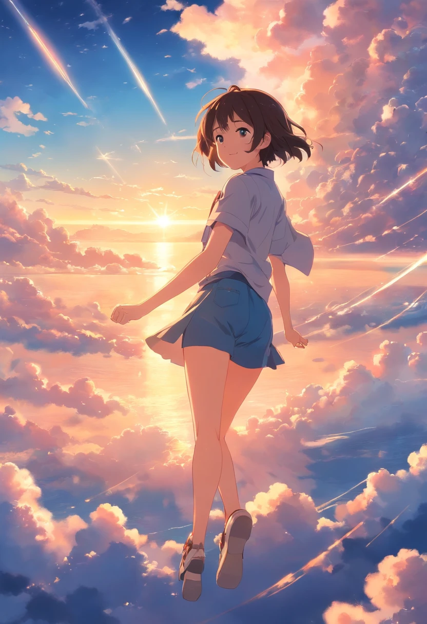 masterpiece, best quality, movie still, 1girl, cloud girl, floating in the sky, close-up, bright, happy, warm soft lighting, sunset, (sparks:0.7)