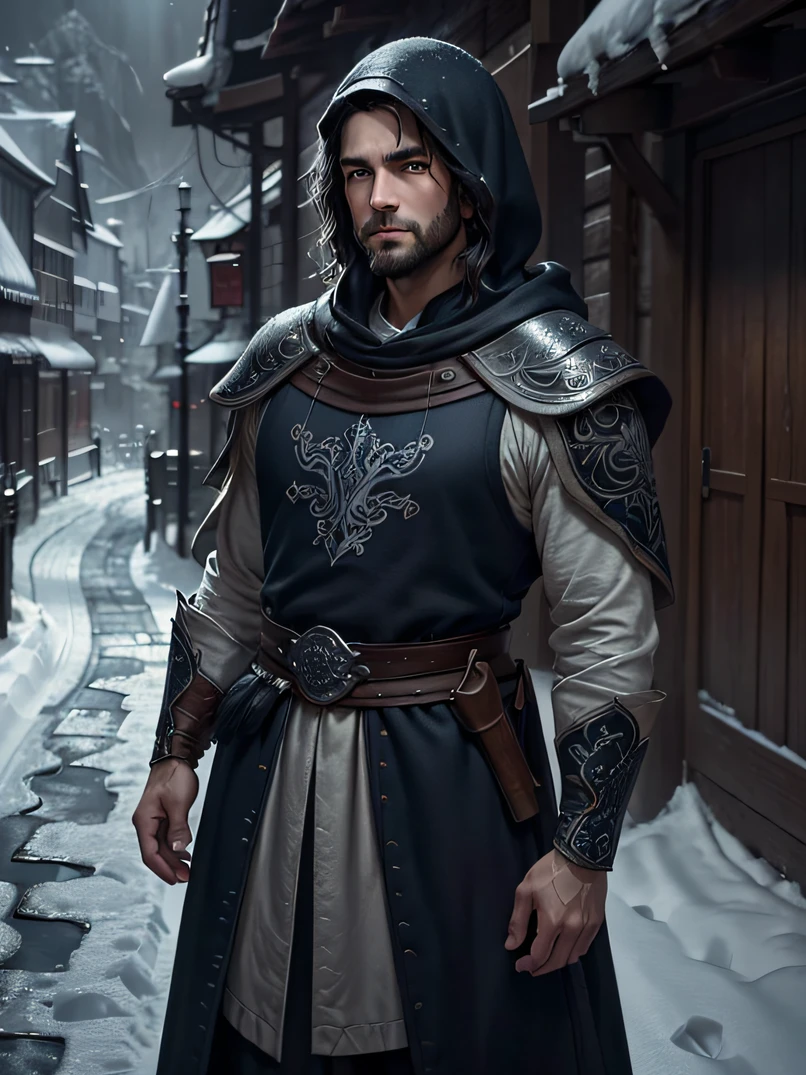 (((​masterpiece、top-quality、ultra-detailliert、highly detailed CGillustration、extremely delicate and beautiful)))、Unique lighting effects、Painted on the chest、(((Portrait of a 30-year-old man)))、Elegant person、Strong physique、Sorcerer、Wearing a black magician's robe with a delicate and intricate pattern、Wearing a black hood、Dirty gray hair、short jaw、Big blue eyes、Detailed face and eyes、Sharp eyes、Focus on the face、Detailed hand depiction、Sarcastic laughter、the whole body is wet、Detailed hand depiction、Dimly lit winter morning、Oyuki、Snow-covered roads、Medieval city gate behind、Fantasyart、dark fantasy vibe、watching at viewers