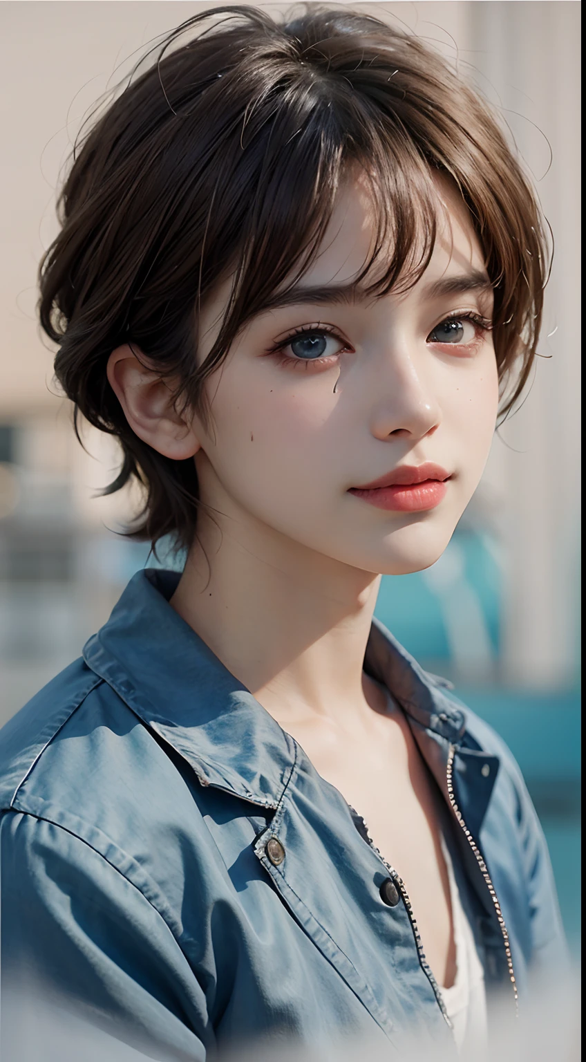 (Photo Real:1.4), (hyper realisitic:1.4), (Smooth lighting:1.05), 1 girl, teenager, blue eyes, happy, shy, smile, looking away, Close-up of the face, Soft lighting, Back lighting, (Finest Real Textured Skins), Super fine face, glowy skin, retinas, Anatomically correct, (short Hair:1.1), bangs, Textured skin, High quality, high details, Best Quality, High resolution, white Silk blouse
