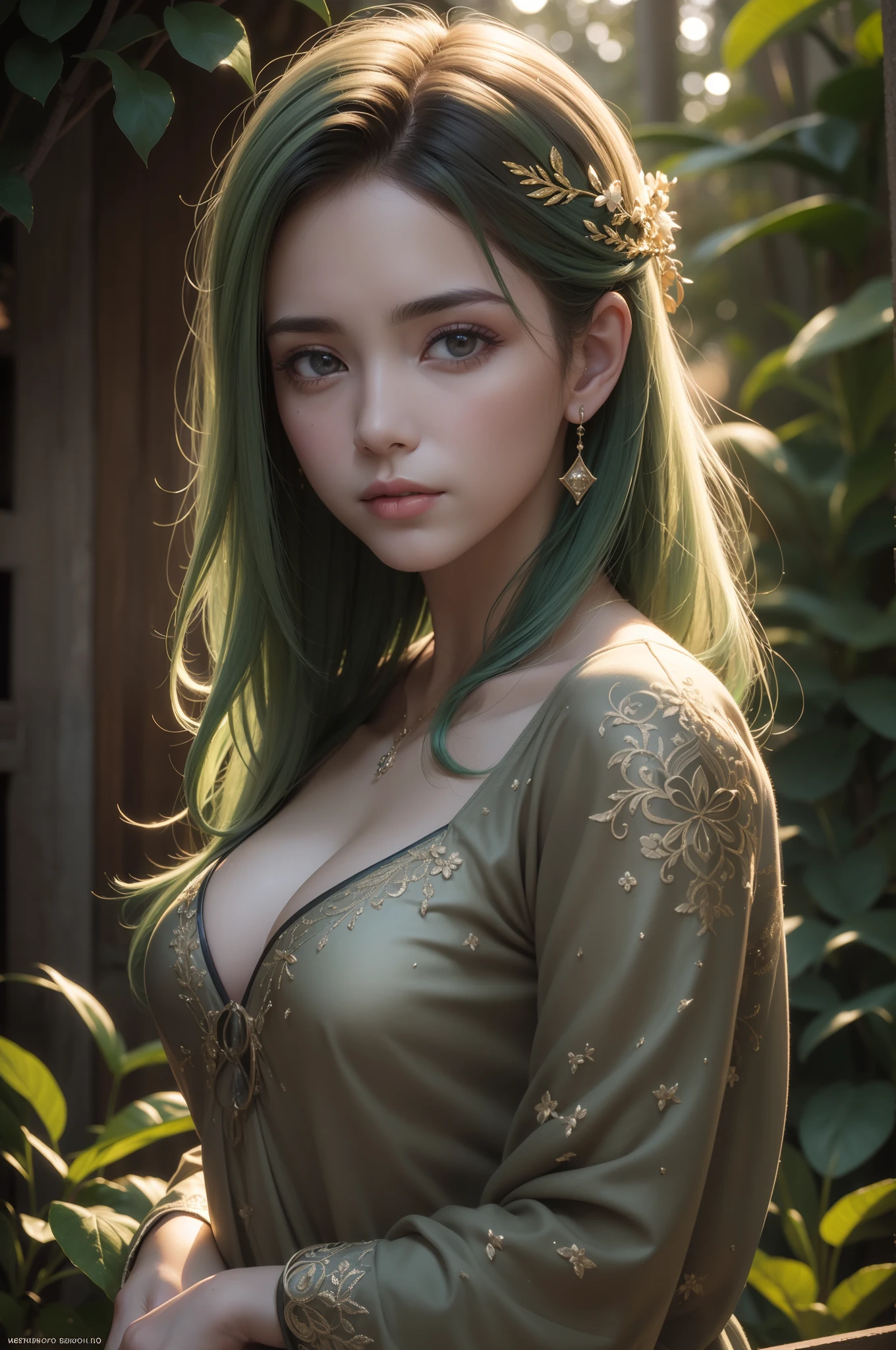 epic realistic, (tiro escuro: 1.4), 80mm, Criar um retrato de uma mulher com cabelos longos e escuros. She has a mysterious expression, looking at the viewer with a slight tilt of the head. She's just dressed, olhar para o telespectador , meigo , bashful, ao mesmo sexy , sensual . O fundo apresenta uma floresta de folhas azuis e impressionistas, with a strange white light shining and a gradient shadow on the top of the woman's face. Use a backlight effect to add depth to the image. estilo de pintura impressionista , show mais amplo com mais fundo e floresta, (textura natural da pele, hiper-realismo, luz suave, sharper: 1.2), luz suave, sharper, exposure blending, medium shot , (HDR:1.4), Alto contraste, (cinemactic, verde-oliva , ciano:0.85), (cores suaves, cores escuras, tons suaves:1.3), low saturation, (hiperdetalhado:1.2), (portanto:0.4), (detalhes intrincados:1.12), HDR, (detalhes intrincados, hiperdetalhados:1.15), Desbotados, (cores neutras:1.2), arte, (HDR:1.5), (cores silenciadas:1.1), (Foi:0.2), hiperdetalhados, (art-station:1.4), luzes quentes, dramatic light, (detalhes intrincados:1.2), vinheta, fundo complexo ,