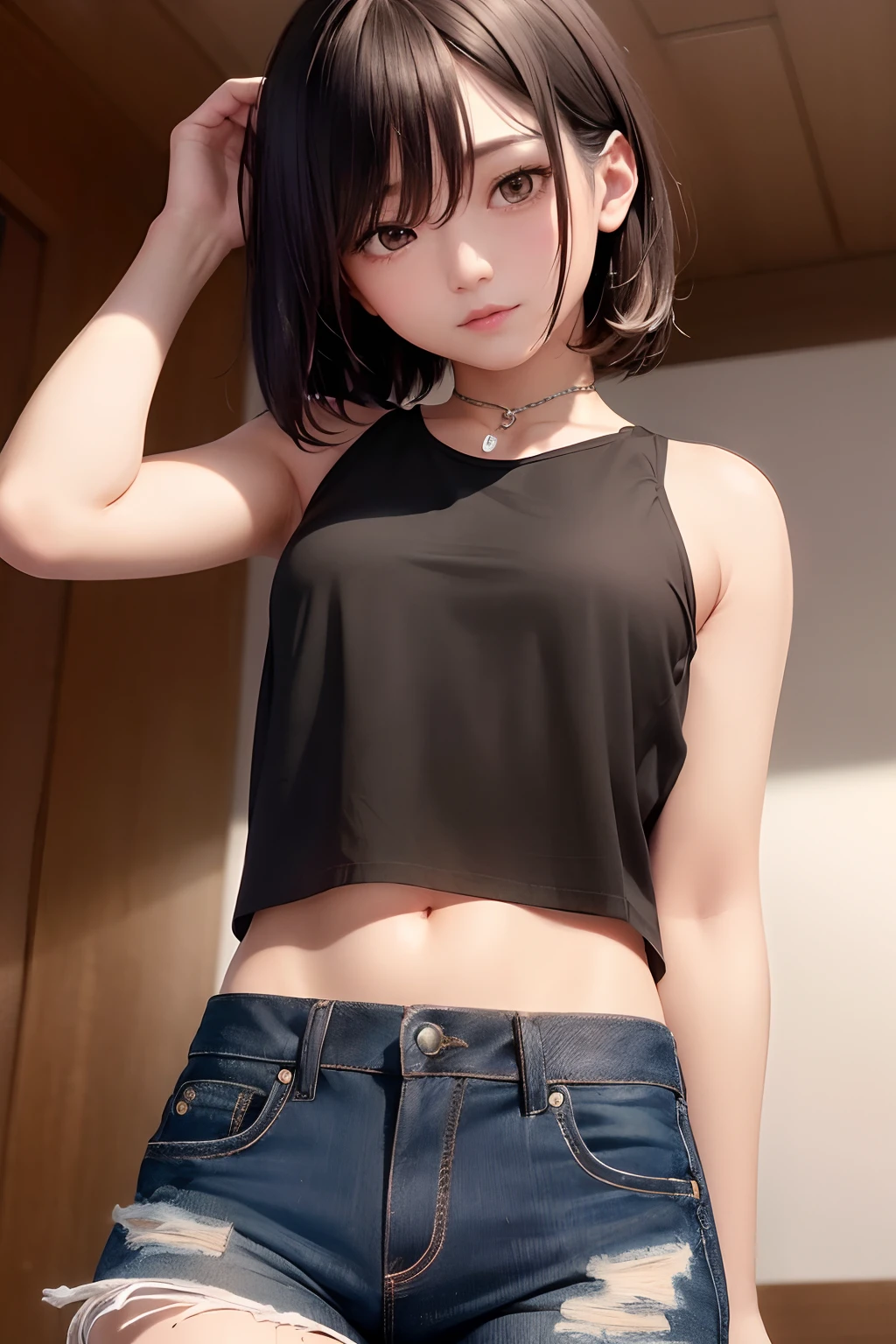 Summer knit with short hair and white, summer knit, Short hair, short hair with bangs, Cute face girl, Cute little face in portrait, French Bob, pale fair skin!!, short brown hair and large eyes, soft portrait shot 8 k, beautiful light big eyes, Beautiful young girl, Young girl in a bob cut, Top image quality, masutepiece, Notes of Leonardo da Vinci da Vinci, Set against the backdrop of Leonardo da Vinci's manuscripts,Skinny Legs,