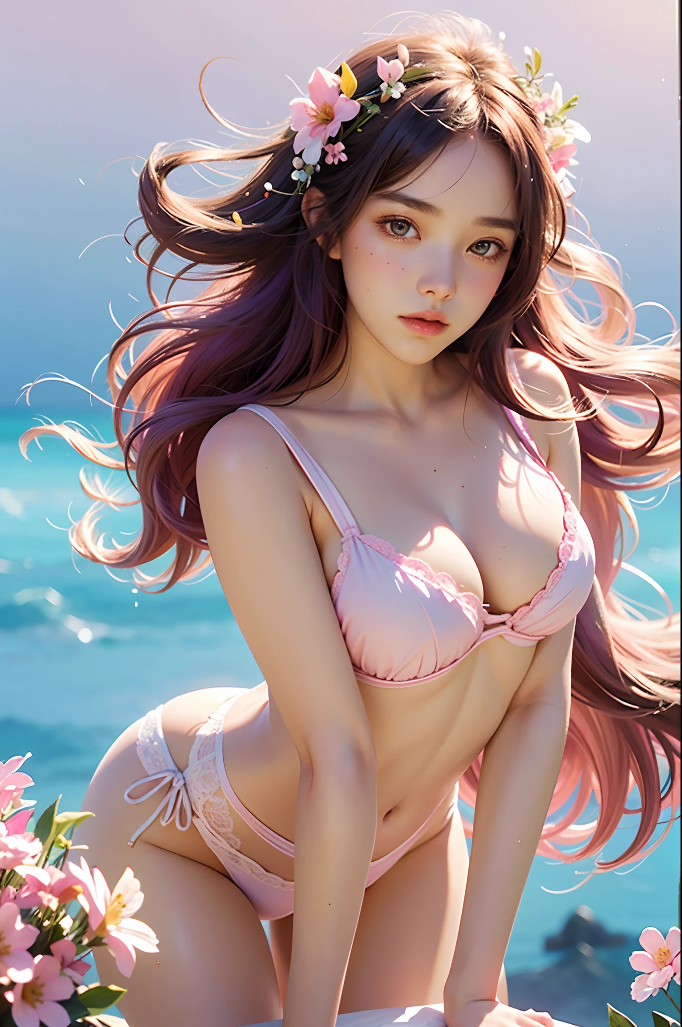 1girls, large boobs, floral, Lycianthus ,In light pink and light blue styles., Dreamy and romantic composition., Light Pink, Intangible slip, Fun arrangement, fantasy, high contrast, Ink strokes, explosions, Over touch, Impression of purple and red tones , abstract, Negative Space,