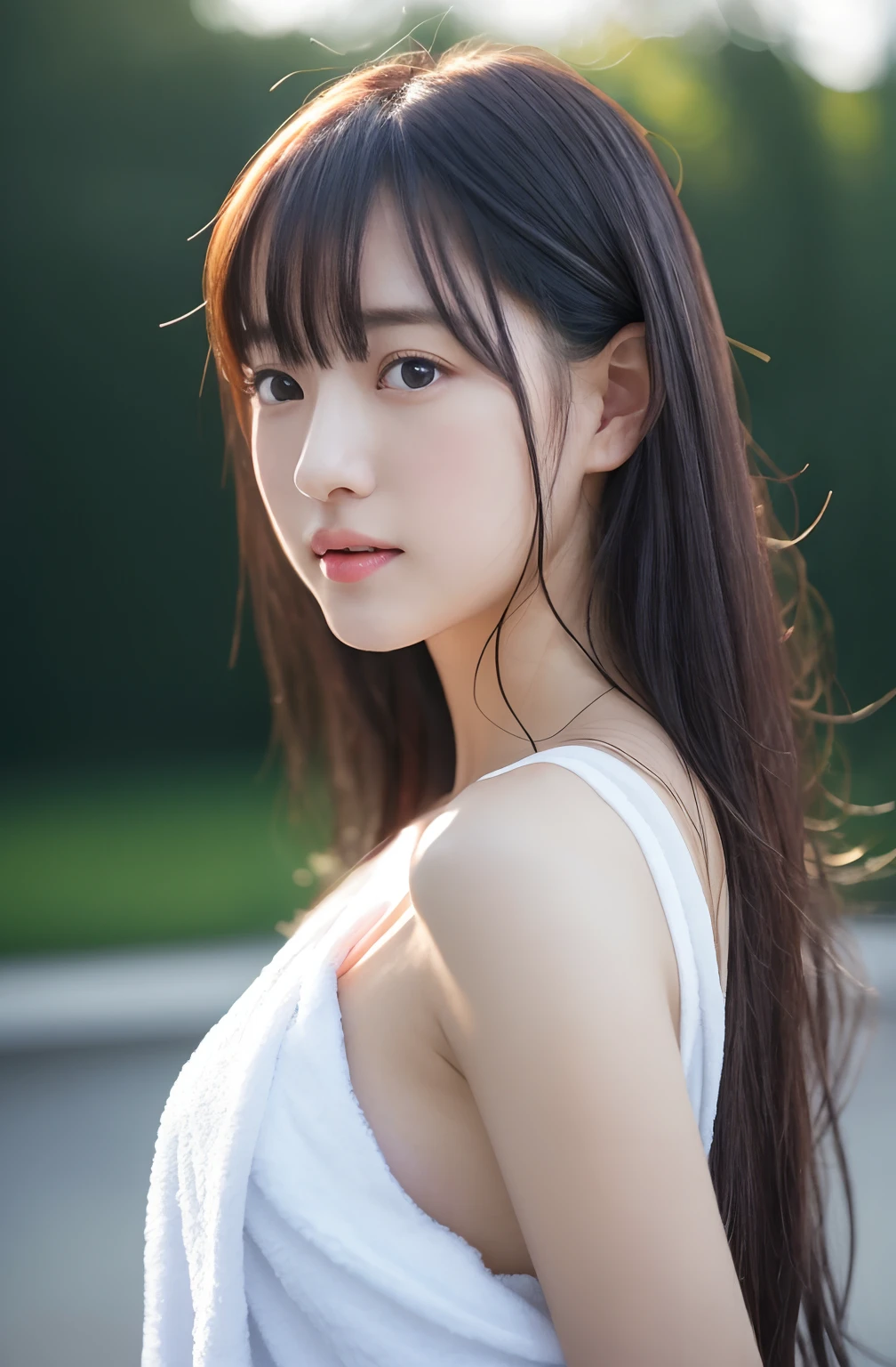 ((Rear view、Transverse breasts))、(realisitic、Photorealsitic、ultra-detailliert、Highest Details Skins、top-quality、masterpiece、超A high resolution)、Cute Japan Woman、sixteen years old、hi-school girl、younggirl、Thin makeup、no-makeup、1 girl in、I have bangs、二重まぶた、drooing eyes、Japanese style face、View here、Realistic skin type