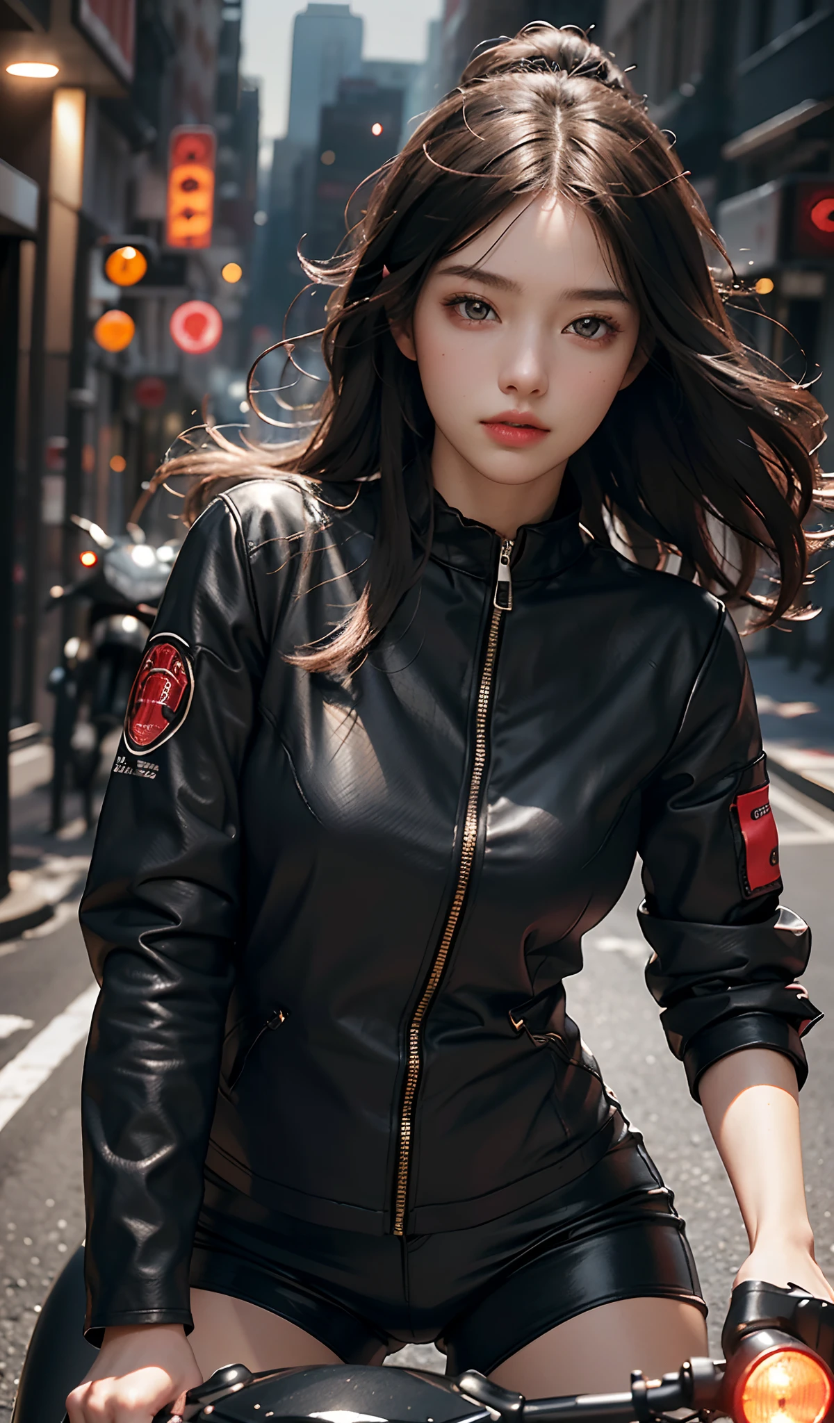 Highest image quality, Outstanding details, Ultra-high resolution, (Realism: 1.4), The best illustration, favor details, highly condensed 1girl, with a delicate and beautiful face, Wear clothes in carbon black and red, holding a directional controller, Riding on a motorcycle, the background is a high-tech lighting scene of the city of the future.