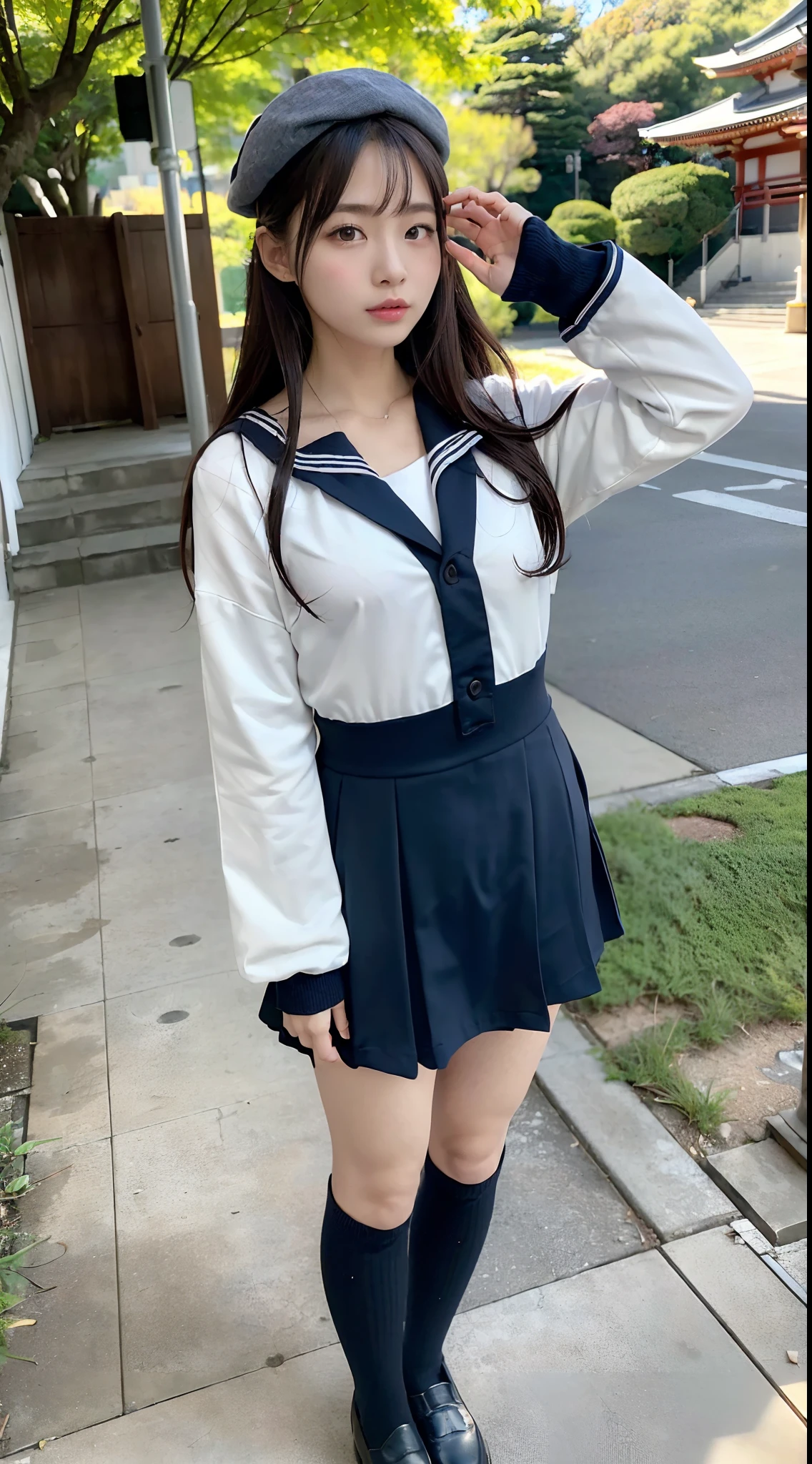 mix4, (16 K, Raw photography, Top image quality, masterpiece: 1.45), (realisitic, Photorealsitic: 1.37), one girls, 7.5, etc、Have a rifle、Random hairstyle、Standing figure,Noon time slot、cute little, Precincts of the shrine,, profetional lighting, photon maping, a park、physically-based renderingt, Gradient dark brown hair,, a handsome, Well-groomed and beautiful eyes、Large double eyelids、Very shiny、girl with, (((student clothes、Long sleeve sailor suit worn by Japan girl、red cuffs、Dark blue mini skirt, Small gray beret、Dark blue knee-high socks、Black loafers))), Top Quality Photos, hight resolution, 1080p, (clearface), (Detailed face description), (Detailed hand description), (masterpiece), (Exquisite CG)、extreme light and shadows、dishevled hair、master work、abundant detail、(Fine facial features)、(top quality photo)、(masuter piece)、(A detailed eye)、Look in front of you、Fine clavicle、((Slender big))、(((Japan schooln long-sleeved sailor suit)))、((Ready Idol System))、((Precincts of the shrine、torii gate、Tesuisha、Komainu))、(Shooting from random perspectives)、(((Anyway cute)))、耳Nipple Ring、A big smile、Drawing the whole body from the knees、Do not draw nasolabial folds、(((Long-sleeved sailor suit)))、(Big breasts that hang down big:1.2)、Big buttocks with tension、Two arms and two legs、(((from the front side:0.7)))、bare hand、No mask、