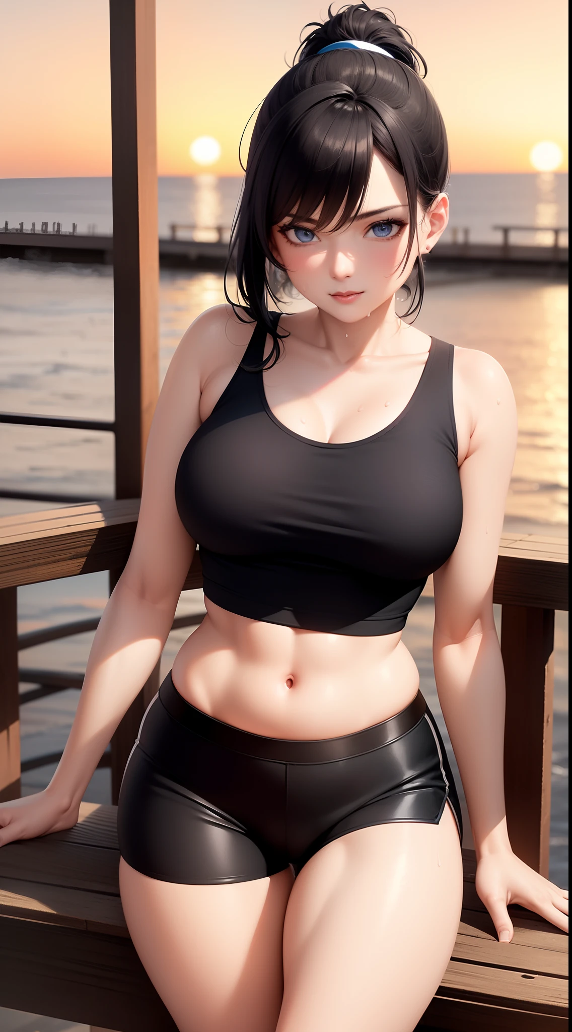 solo, 1 mature woman, ponytail black hair, blue eyes, black legging and black tanktop, sixpack belly, 8k resolution, ultra-detailed, masterpiece, highest quality, (sunset), (on the wooden bridge), sweat