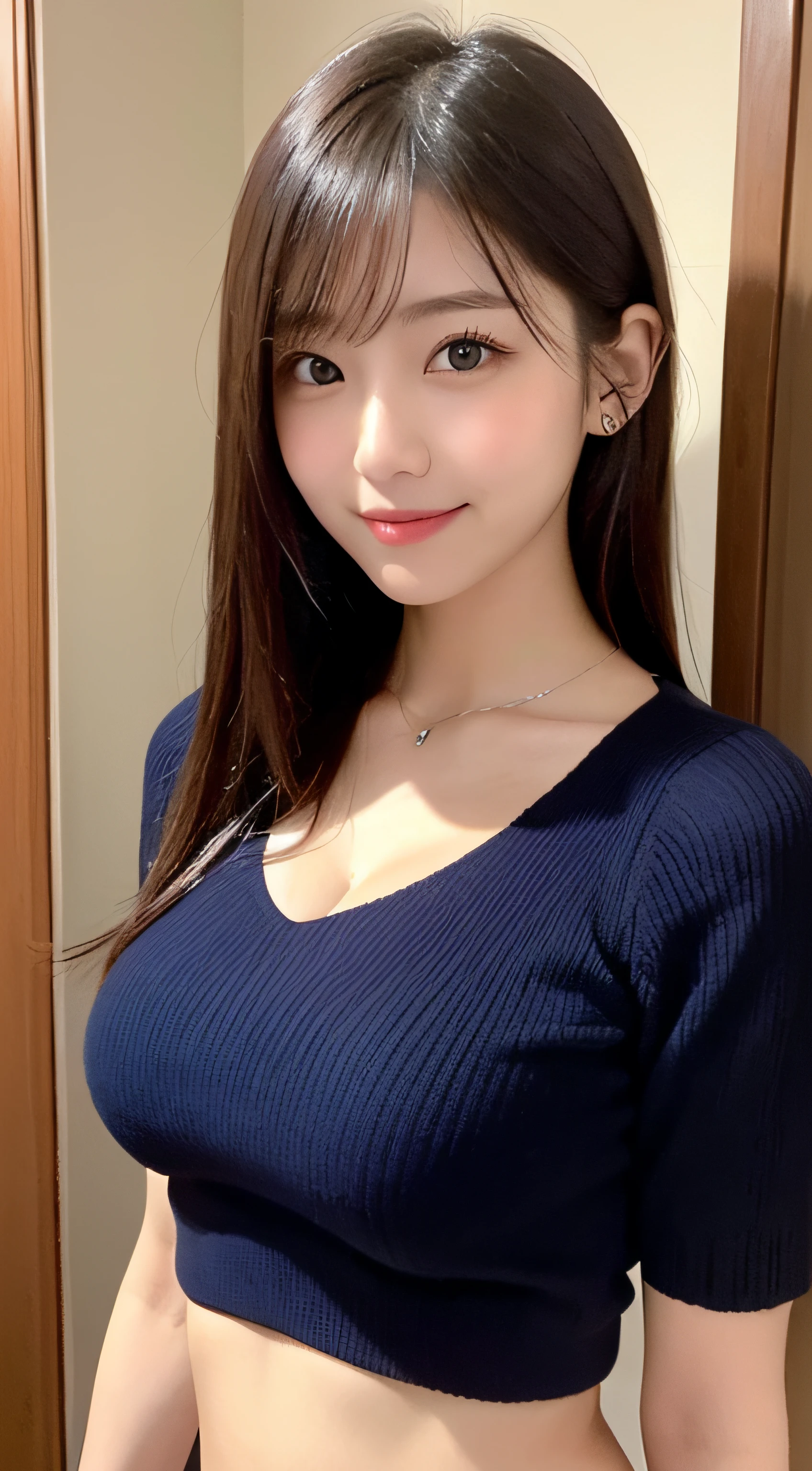 masutepiece, Best Quality, Photorealsitic, finely detail, hight resolution, 8K Wallpapers, Perfect dynamic composition, Beautiful detailed eyes, Medium Hair, large full breasts, Random and sexy poses,Bring your chest together、(Mock Neck Crop Tank Top White Knitwear、Cleavage looks realistic)、(Breast bulge 1.2)、A smile、open open mouth、Resort scenery、23years old、(Drooping eyes 1.4)、Adult beauty、japanes