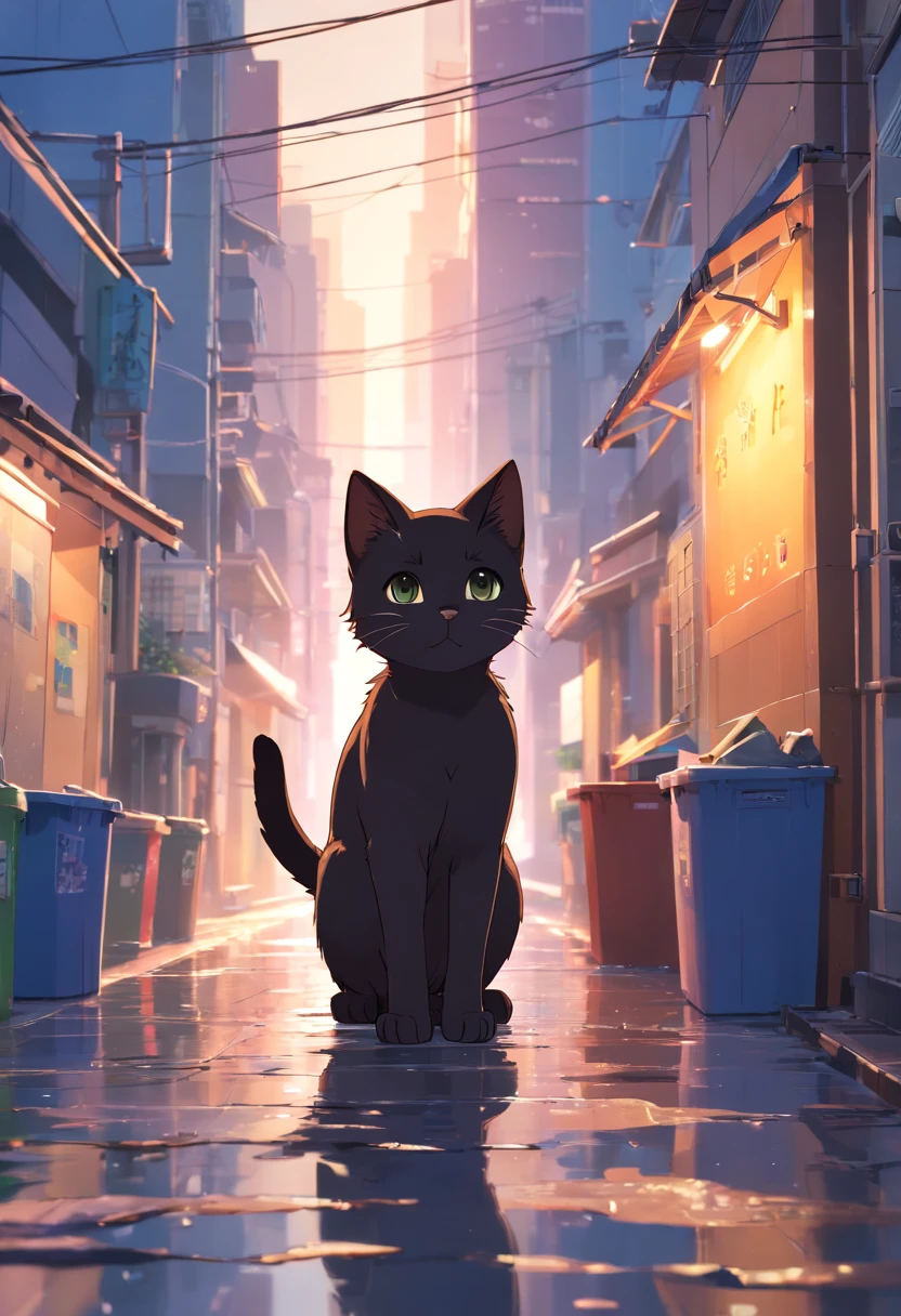 A black kitten, Do cat poses,  raining day，Wet hair，Wet hair，cute little，Meticulous expressions，Urban street background，nooks，Trash can next to it，Meticulous background depiction，Ultra HD and Ultra High Resolution