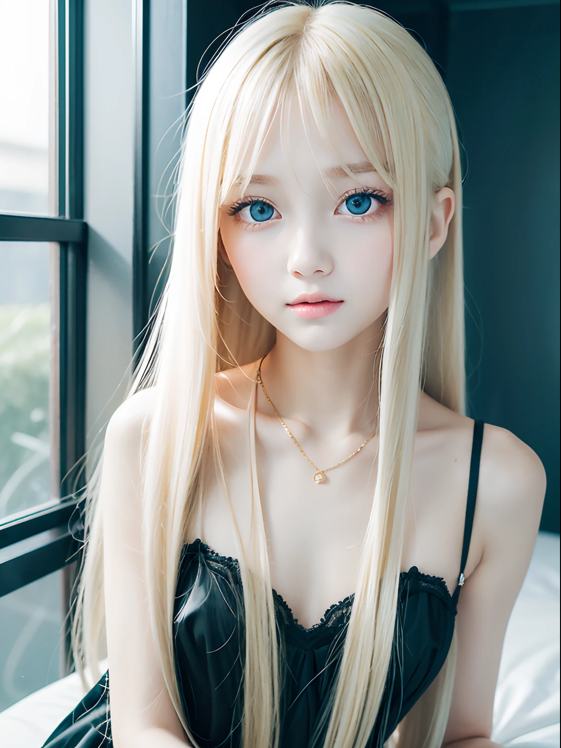 The most beautiful pretty cute faces、Russian beauty girl、bright expression、Very long and beautiful straight hair、half ponytail、Beautiful blonde hair shining golden、The most beautiful girl in the world、Sexy and cute beautiful 13 years old、Bangs swaying between the eyes、bright big pale blue eyes、snow-white shiny skin、shiny beautiful skin、dazzling gloss of cheeks、Transparent beautiful natural blonde silky soft hair、 whole body, leaning_forward, black_dress, garter_straps,  petite, little, flat_chest, skinny,