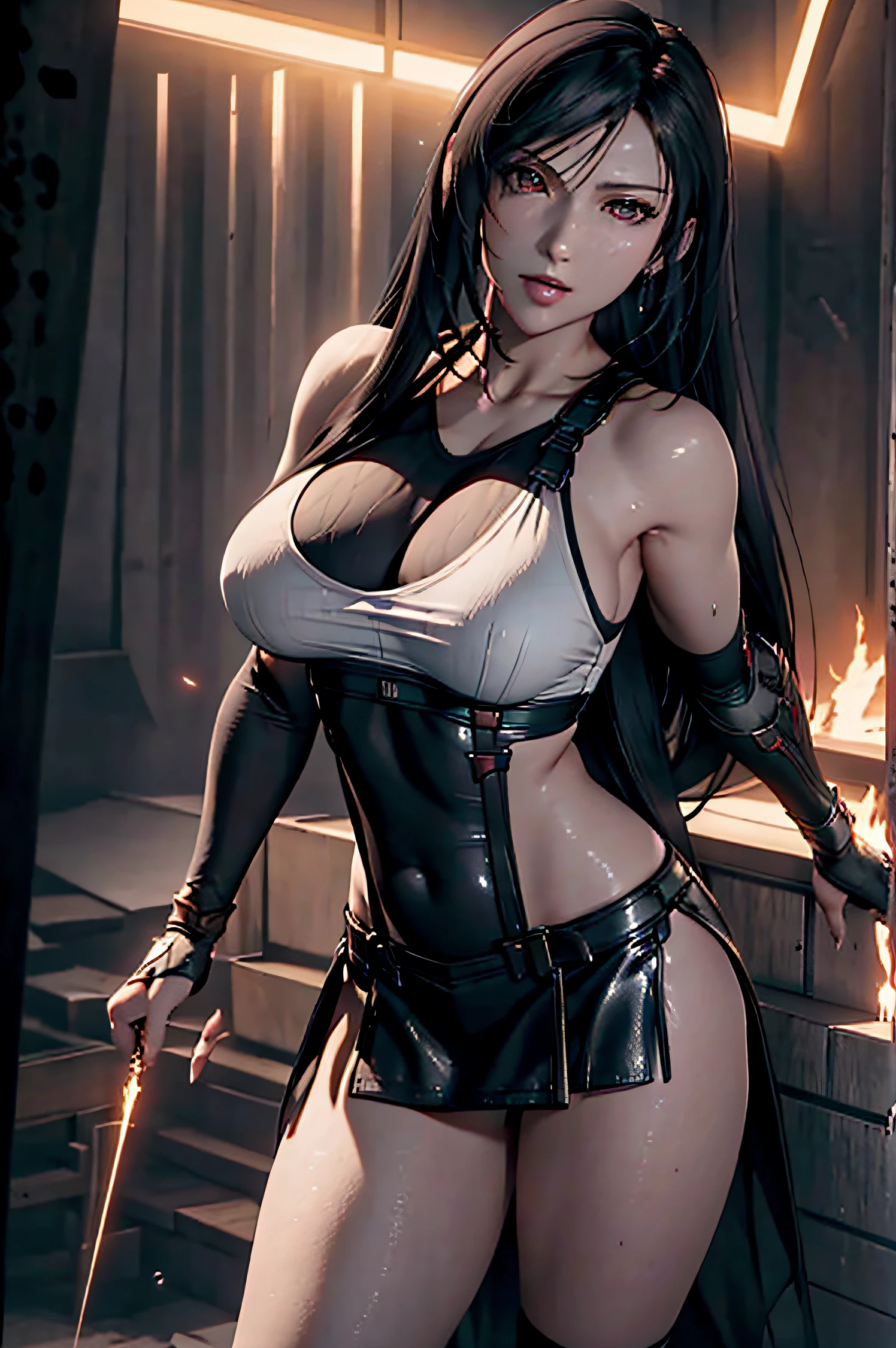 A superheroine wearing skimpy outfit, sleeveless, long hair, flying, wielding daggers, no cape, no mask, dynamic pose, 3d, (8k), detailed texture,(hyperdetailed), (photo realistic), cinematic light, cinematic action, highly detailed, realistic, Isometric, full body, in frame, driven expression, dark theme, (extremely detailed eyes), detailed symmetric realistic face, extremely detailed natural texture, masterpiece, extremely detailed, amazing, fine detail, rich colors, hyper realistic lifelike texture, dramatic lighting, unreal engine, trending on art station, photo realistic, RAW photo, high quality, high res, sharp focus, extremely detailed, cinematic lighting, 8k, high definition, cinematic, neoprene, unreal engine 5, ultra sharp focus