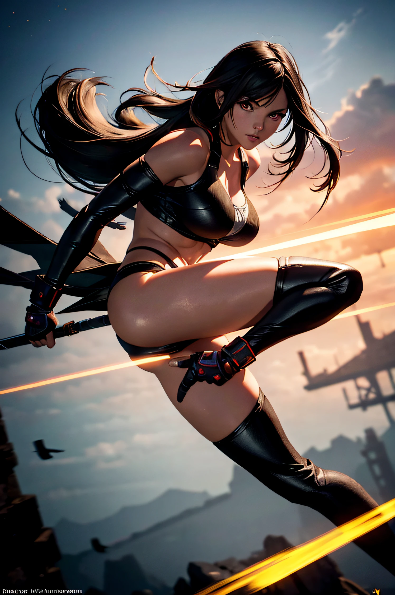A superheroine wearing skimpy outfit, sleeveless, long hair, flying, wielding daggers, no cape, no mask, dynamic pose, 3d, (8k), detailed texture,(hyperdetailed), (photo realistic), cinematic light, cinematic action, highly detailed, realistic, Isometric, full body, in frame, driven expression, dark theme, (extremely detailed eyes), detailed symmetric realistic face, extremely detailed natural texture, masterpiece, extremely detailed, amazing, fine detail, rich colors, hyper realistic lifelike texture, dramatic lighting, unreal engine, trending on art station, photo realistic, RAW photo, high quality, high res, sharp focus, extremely detailed, cinematic lighting, 8k, high definition, cinematic, neoprene, unreal engine 5, ultra sharp focus