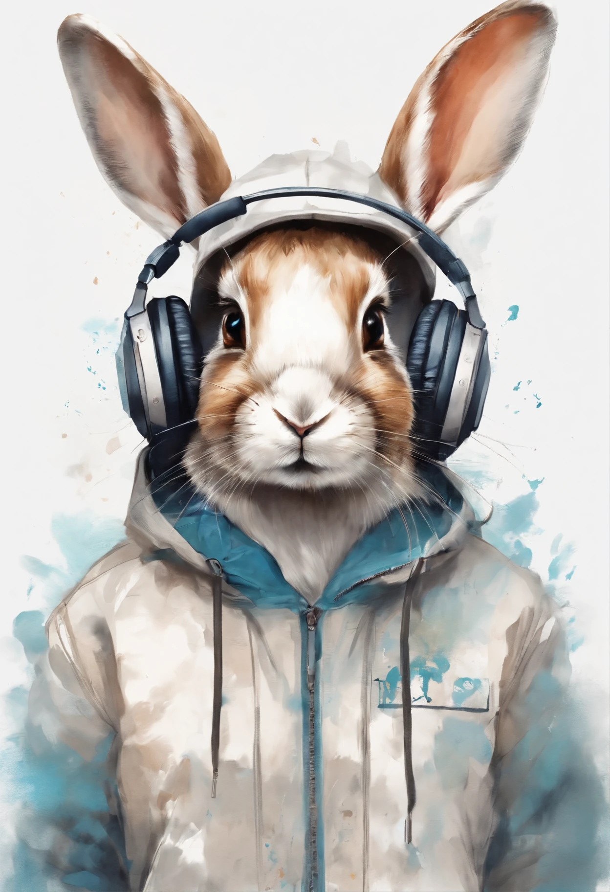 Perfect centering, Cute rabbit, Wear a student team jacket, Wearing sunglasses, Wearing headphones, cheerfulness, Standing position, Abstract beauty, Centered, Looking at the camera, Facing the camera, Approaching perfection, Dynamic, Highly detailed, Smooth, Sharp Focus, 8K, hight resolution, Illustration, art by carne griffiths and wadim kashin, White background