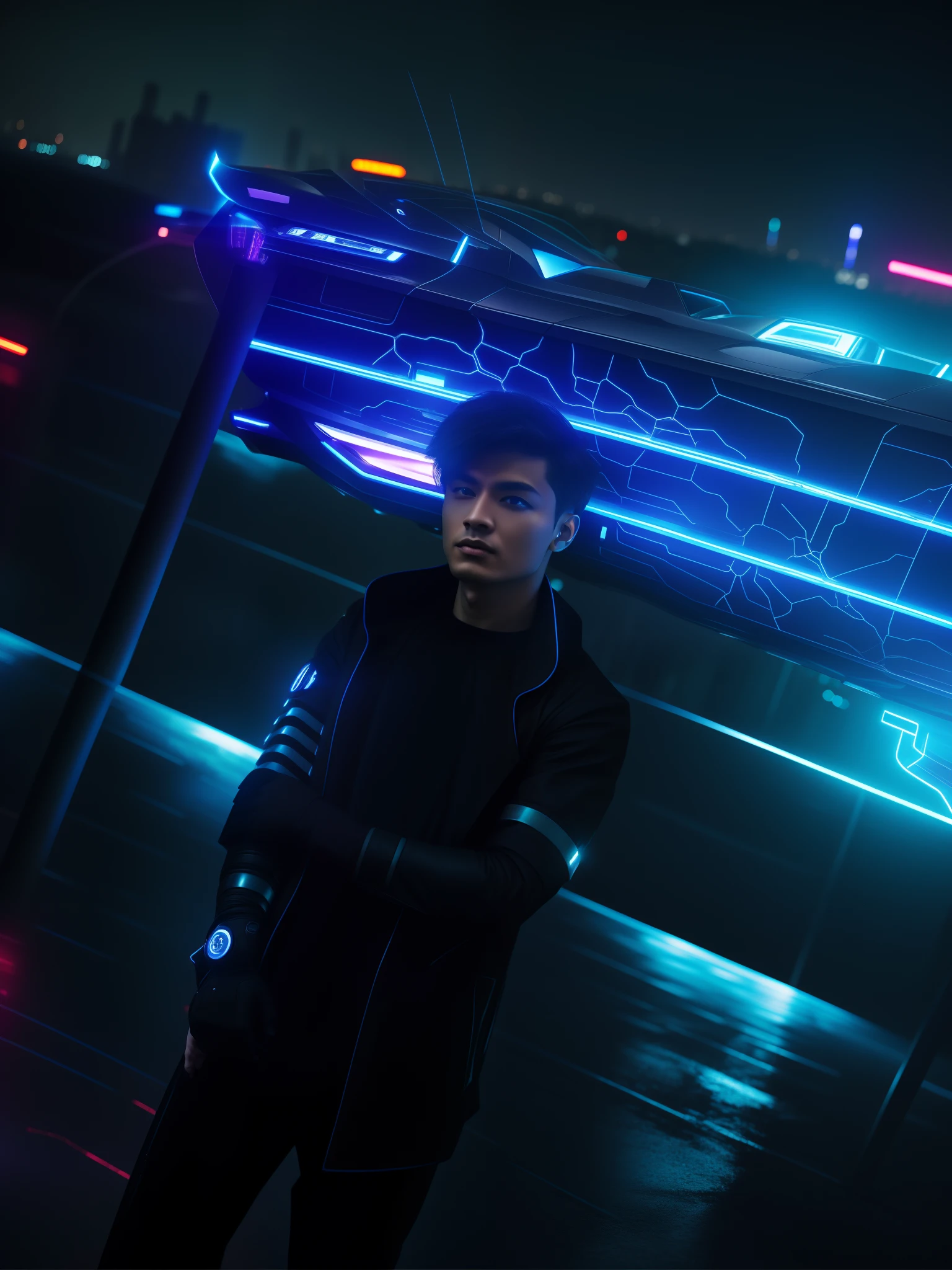 Cyber punk , future city , car background , super hero power , thunder power ,