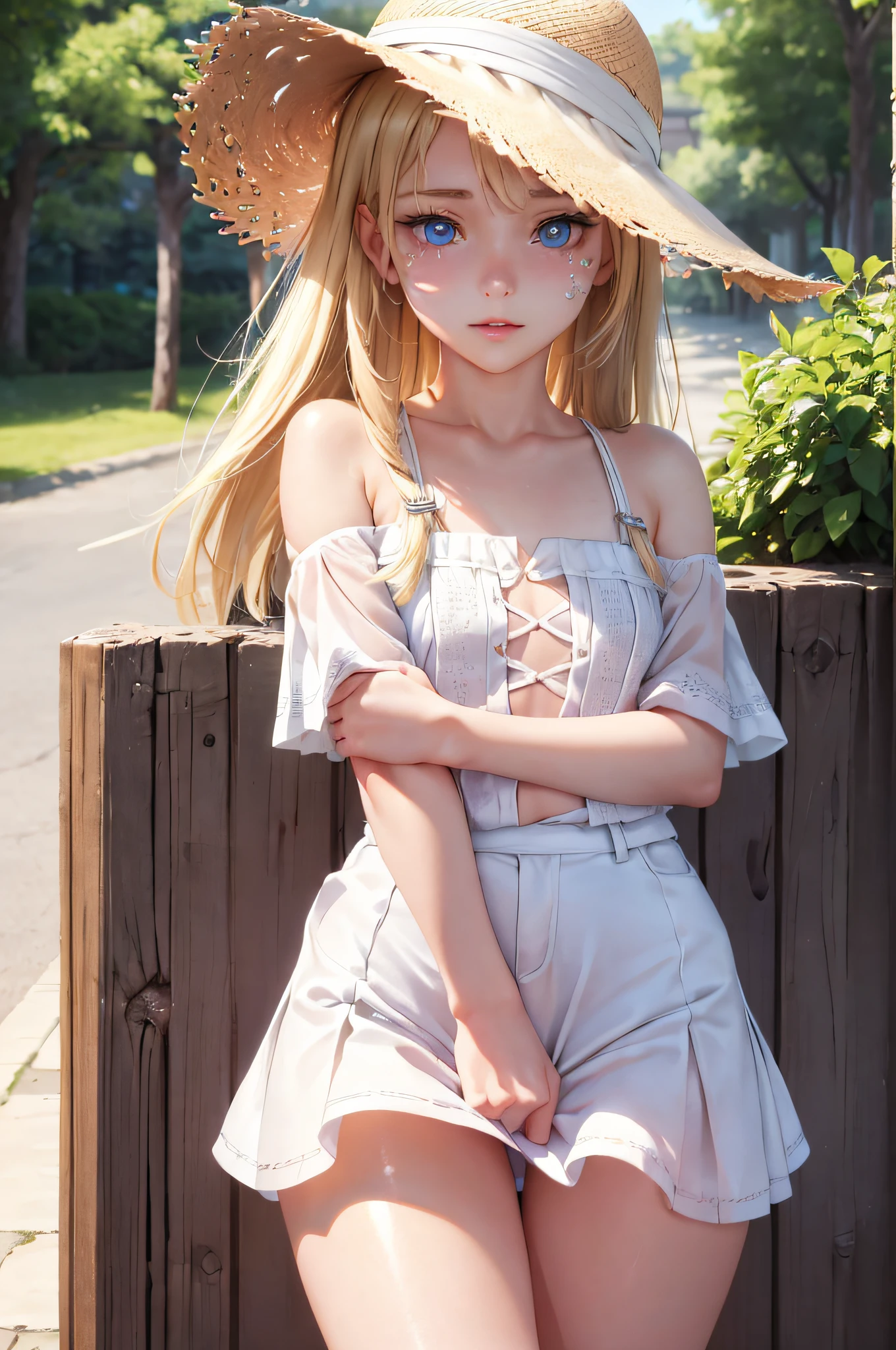 1girl, White summer costume, denim skirt, a straw fedora hat, Bare legged, blonde  hair, blue eyess, full bodyesbian, Style Petals, wood background, A clear day, perfect  eyes, perfect hand, 超A high resolution, Movie angle, profetional lighting, top-quality, ​masterpiece, side lights, sharp, Perfect focus, bokeh dof, Photorealsitic, (Fine details beautiful eyes:1.3), realisitic, (3D顔:1.1), (shinny skin:1.5), (Complex facial details in ultra-high resolution), (Pores on the skin of the face:1.3)、Ultra-high resolution fabric texture、8k eye details、8K pupil、