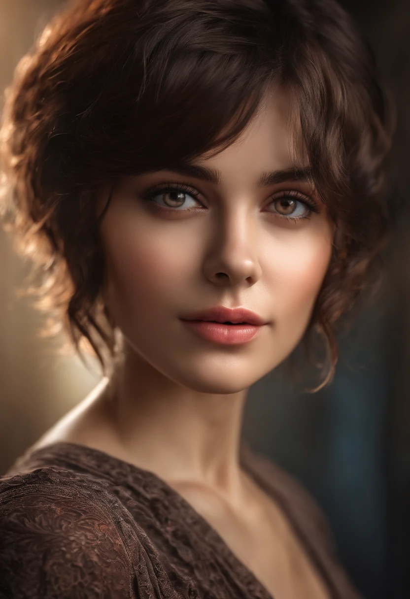 tender brunette girl, short hair, studio, sweaty, highly detailed, masterpiece, professional photo, extreme details, high resolution, hdr