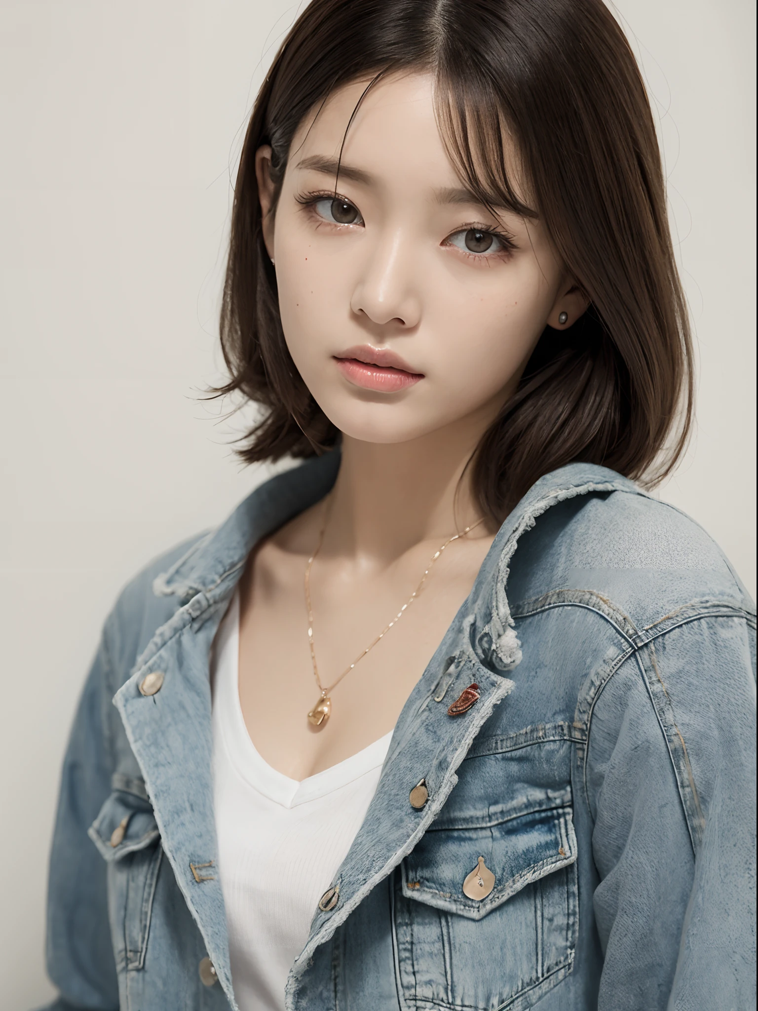 top-quality:1.3、​masterpiece、hight resolution、［1 girl in］、｛独奏｝、Raw photo、Real person、Photo of a seductive woman with a loose style of brown hair, Pose in the room, tedium, mascara, ,(Textured skin, Skin pores:1.1), (Mole:0.8), (Imperfect skin:1.1) intricate detailes, goose bumps, face perfect, (hitornfreckles:0.9), ((Photorealsitic):1.1), (Unripe, 8K:1.2), murky, Subdued Color,、Detailed skin、japanes、thin bunches of bangs、bobhair、fullllbody、denim jackets、White T-shirt underneath、catchlight、piercings、a necklace、white walls、The upper part of the body