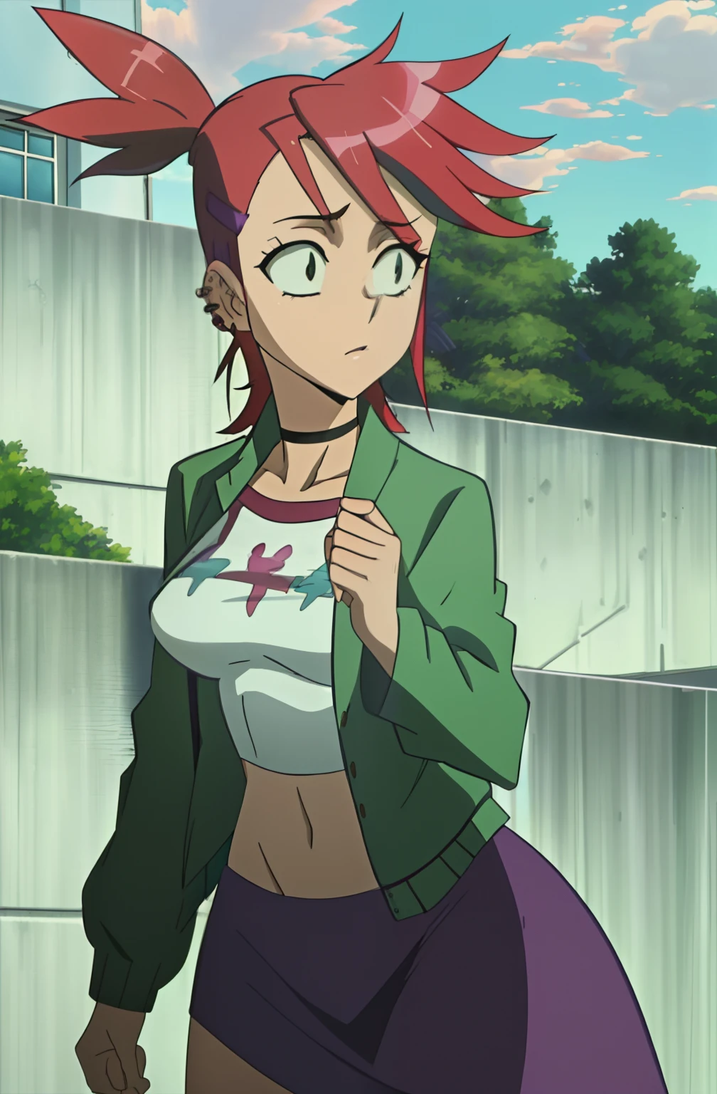 (masterpiece, best quality:1.2), ((((frankie foster,1.8)))) 1girl, breasts, solo, navel, piercing, skirt, ear piercing, ((((red hair1.2)))), large breasts, purple eyes, ((((green jacket)))), hair ornament, hairclip, midriff, jacket, choker, shirt, black choker, cropped shirt, purple skirt, white shirt, crop top, ponytail, long sleeves, jewelry, earrings, print shirt, open clothes, bangs, short hair, from above, close-up, outdoors, (detailed , detailed breasts)
  
(insanely detailed, beautiful detailed face, masterpiece, (((((((best quality)))))),(((anime screencap1.4)))highschoolofthedead