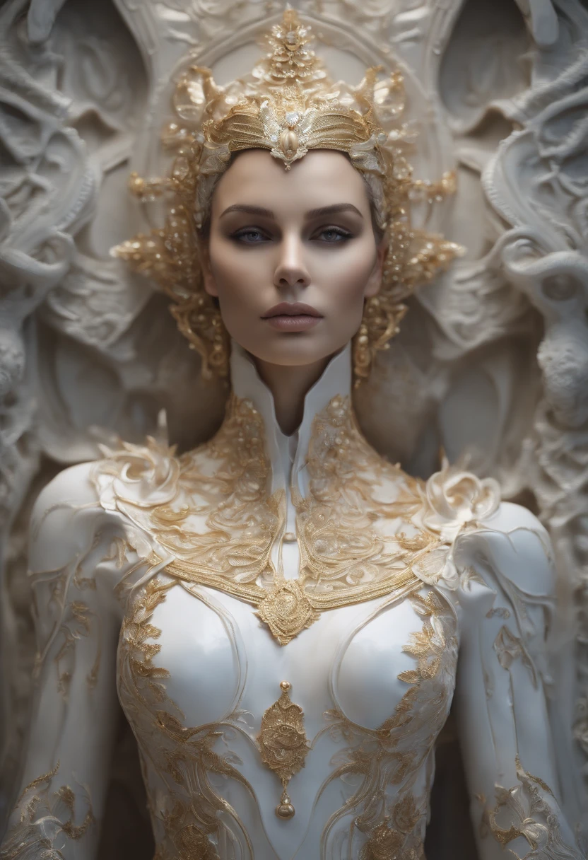 Crie uma obra de arte em 3D de uma mulher celestial usando um vestido branco adornado com (((detalhes intrincados))). A obra deve incorporar a (((best possible quality))), with an emphasis on (((detalhes extremos))) e uma (((Complex composition))). Utilize uma paleta de cores que reflita uma aura celestial, com tons suaves de azul, Ethereal white and subtle touches of gold. Make sure the composition exudes a sense of otherworldly beauty and tranquility. Inspire-se em artistas como (((H.R. Giger))), (((ZBrushCentral))), e (((Vitaly Bulgarov)))