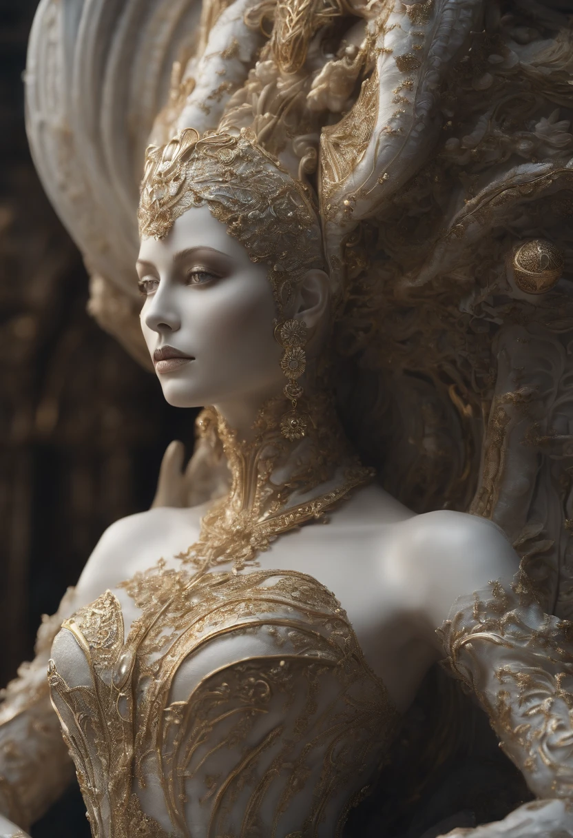 Crie uma obra de arte em 3D de uma mulher celestial usando um vestido branco adornado com (((detalhes intrincados))). A obra deve incorporar a (((best possible quality))), with an emphasis on (((detalhes extremos))) e uma (((Complex composition))). Utilize uma paleta de cores que reflita uma aura celestial, com tons suaves de azul, Ethereal white and subtle touches of gold. Make sure the composition exudes a sense of otherworldly beauty and tranquility. Inspire-se em artistas como (((H.R. Giger))), (((ZBrushCentral))), e (((Vitaly Bulgarov)))