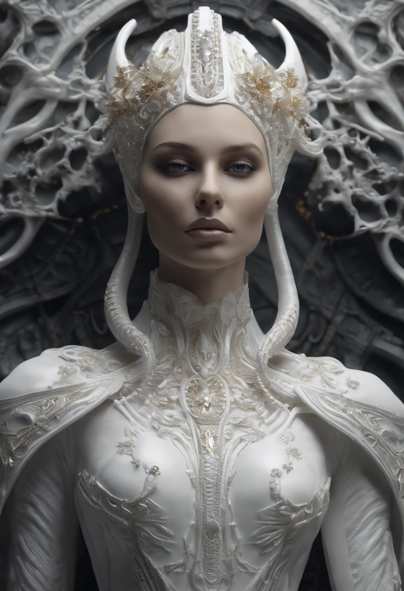 Crie uma obra de arte em 3D de uma mulher celestial usando um vestido branco adornado com (((detalhes intrincados))). A obra deve incorporar a (((best possible quality))), with an emphasis on (((detalhes extremos))) e uma (((Complex composition))). Utilize uma paleta de cores que reflita uma aura celestial, com tons suaves de azul, Ethereal white and subtle touches of gold. Make sure the composition exudes a sense of otherworldly beauty and tranquility. Inspire-se em artistas como (((H.R. Giger))), (((ZBrushCentral))), e (((Vitaly Bulgarov)))