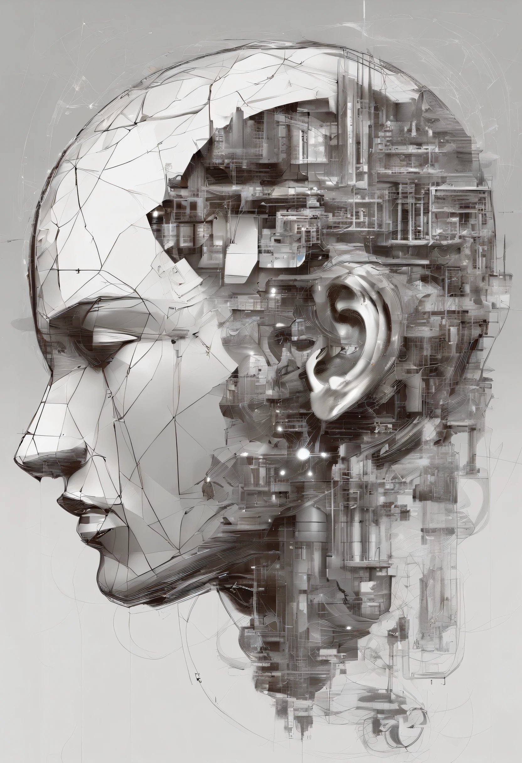 The human head consists of simple geometric shapes,square shapes,round form,spherical body、square shapes,Graphic illustration,closeup cleavage,In fantastic installation style,Realistic and imaginative,hang/hang,Multi-layered collage,metals、highlight,Radial