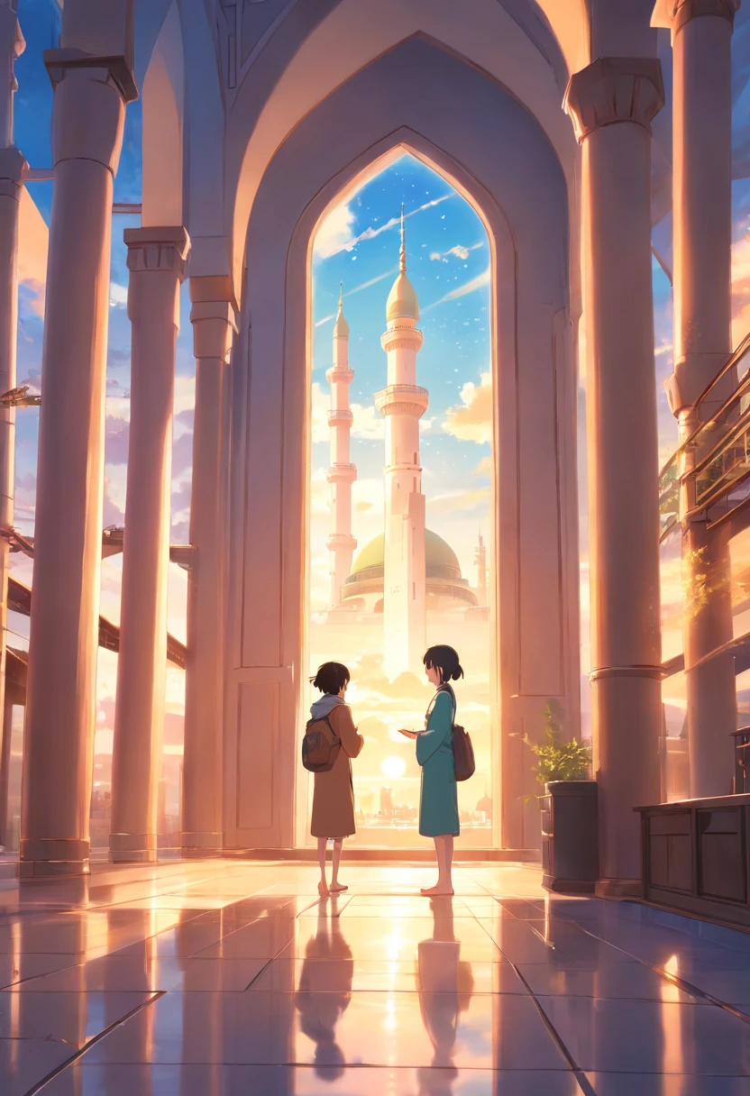 Islam, Imagine a breathtaking image of a tranquil mosque bathed in the soft glow of the setting sun. The mosque's minarets reach toward the sky, and in the foreground, a person is shown in a moment of deep concentration, engaged in prayer. The warm, golden light envelops the scene, creating a sense of peace and spirituality.