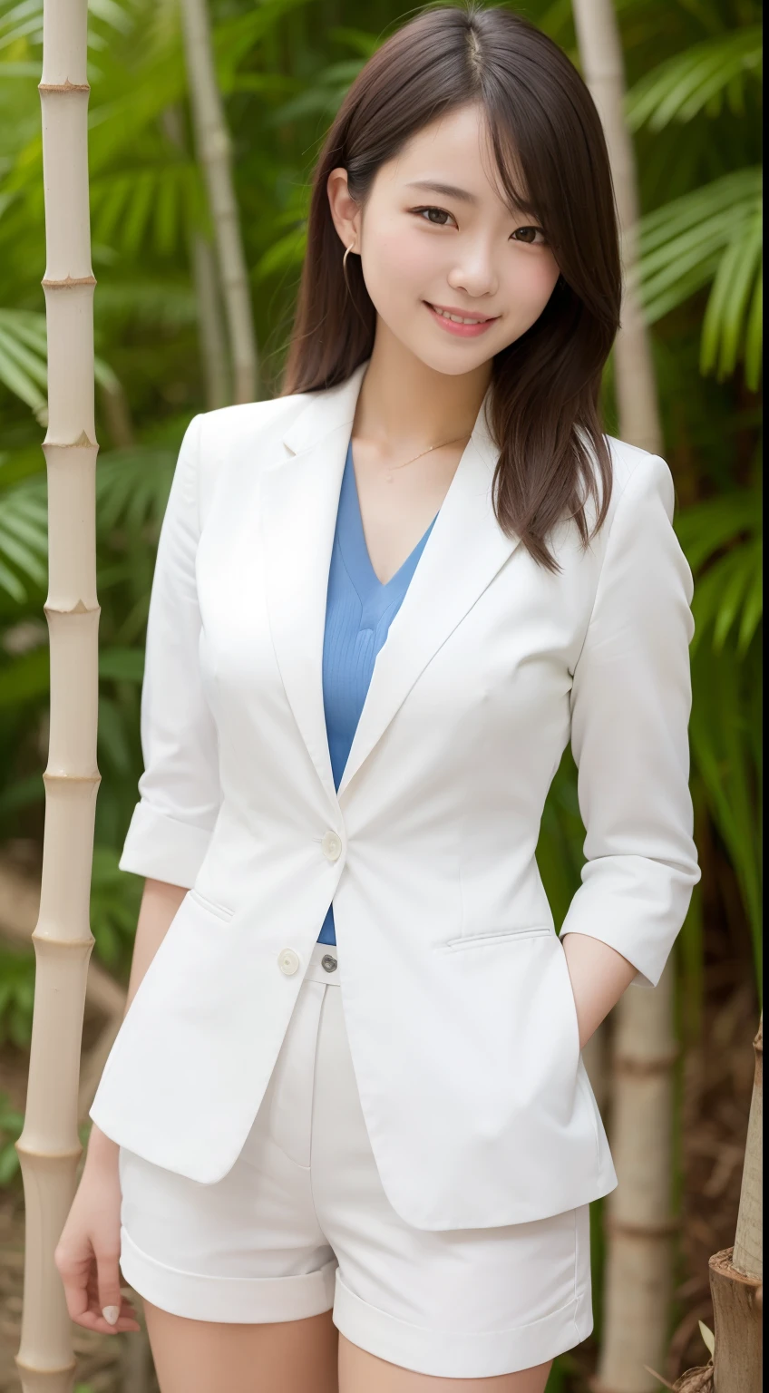 A smiling girl,While wearing a white Business suits,Super short blue denim shorts,Standing in a bamboo forest,com rosto detalhado,The eyes are delicate,The photo quality is the best,Realistic image quality,Background diffuse lighting,Depth of field display。