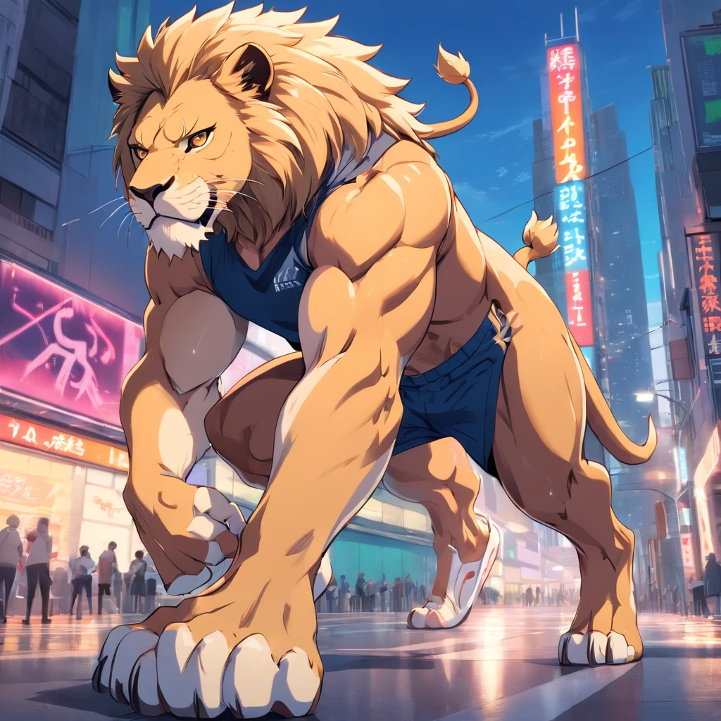 ((foto crua)), ((obra-prima)), Anthropomorphic humanoid lion wearing (((roupas de streetwear))), caminhando furiosamente entre as pessoas, detalhe intrincado, intricate Greebles pieces, city behind, corpo musculoso, (((large muscles))), muscular arms, (small head), Ogro monstruoso, Titan soft lighting, Hiper realista, soft-lighting, Ambiente sinistro, boxing pose