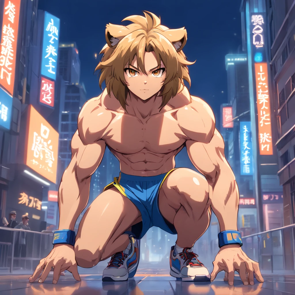 ((foto crua)), ((obra-prima)), Anthropomorphic humanoid lion wearing (((roupas de streetwear))), caminhando furiosamente entre as pessoas, detalhe intrincado, intricate Greebles pieces, city behind, corpo musculoso, (((large muscles))), muscular arms, (small head), Ogro monstruoso, Titan soft lighting, Hiper realista, soft-lighting, Ambiente sinistro, boxing pose