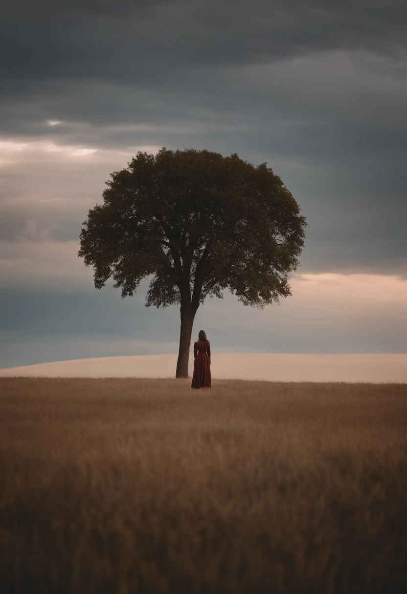 A woman stands on a prairie，There is a huge tree in the distance