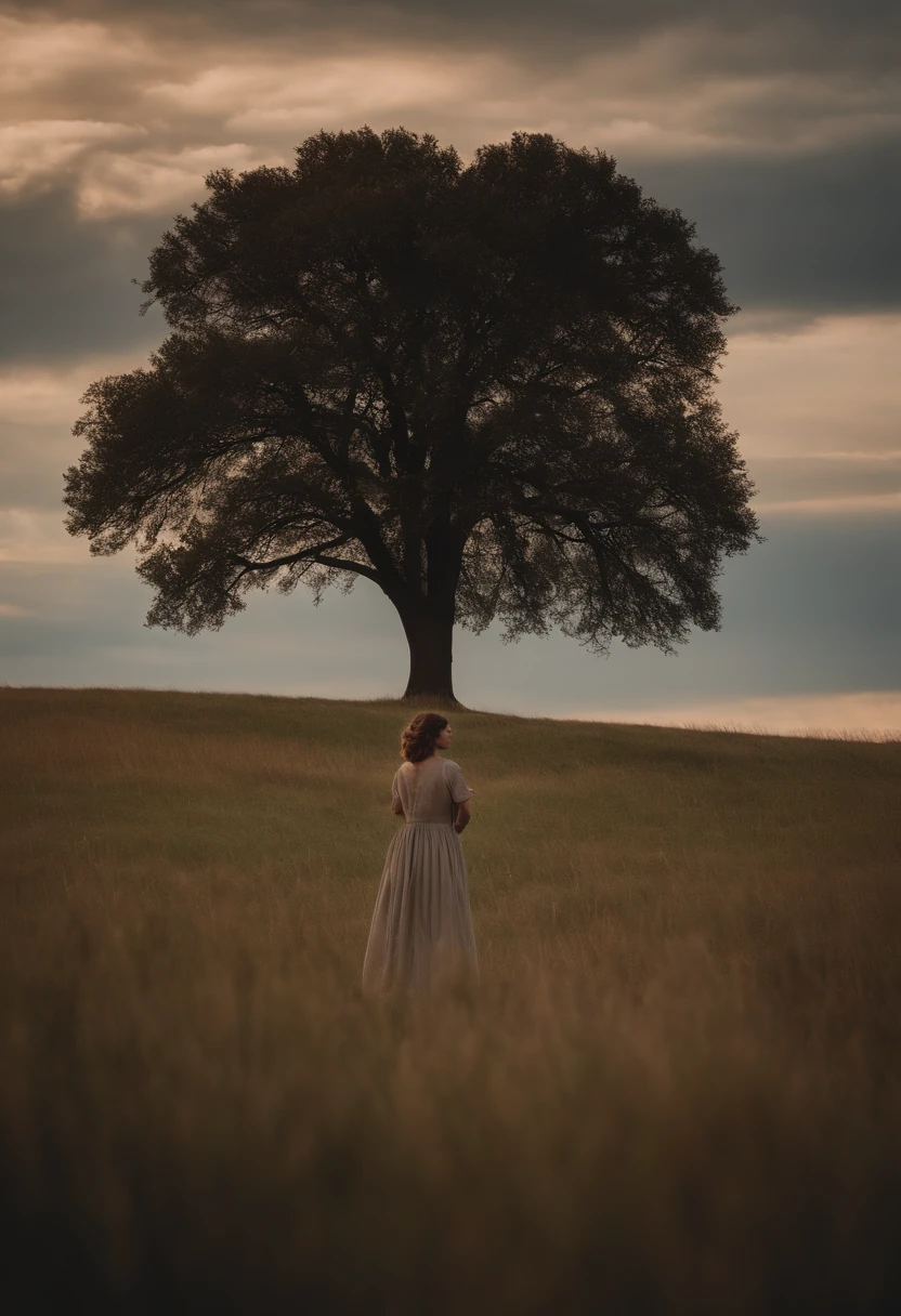 A woman stands on a prairie,There is a huge tree in the distance
