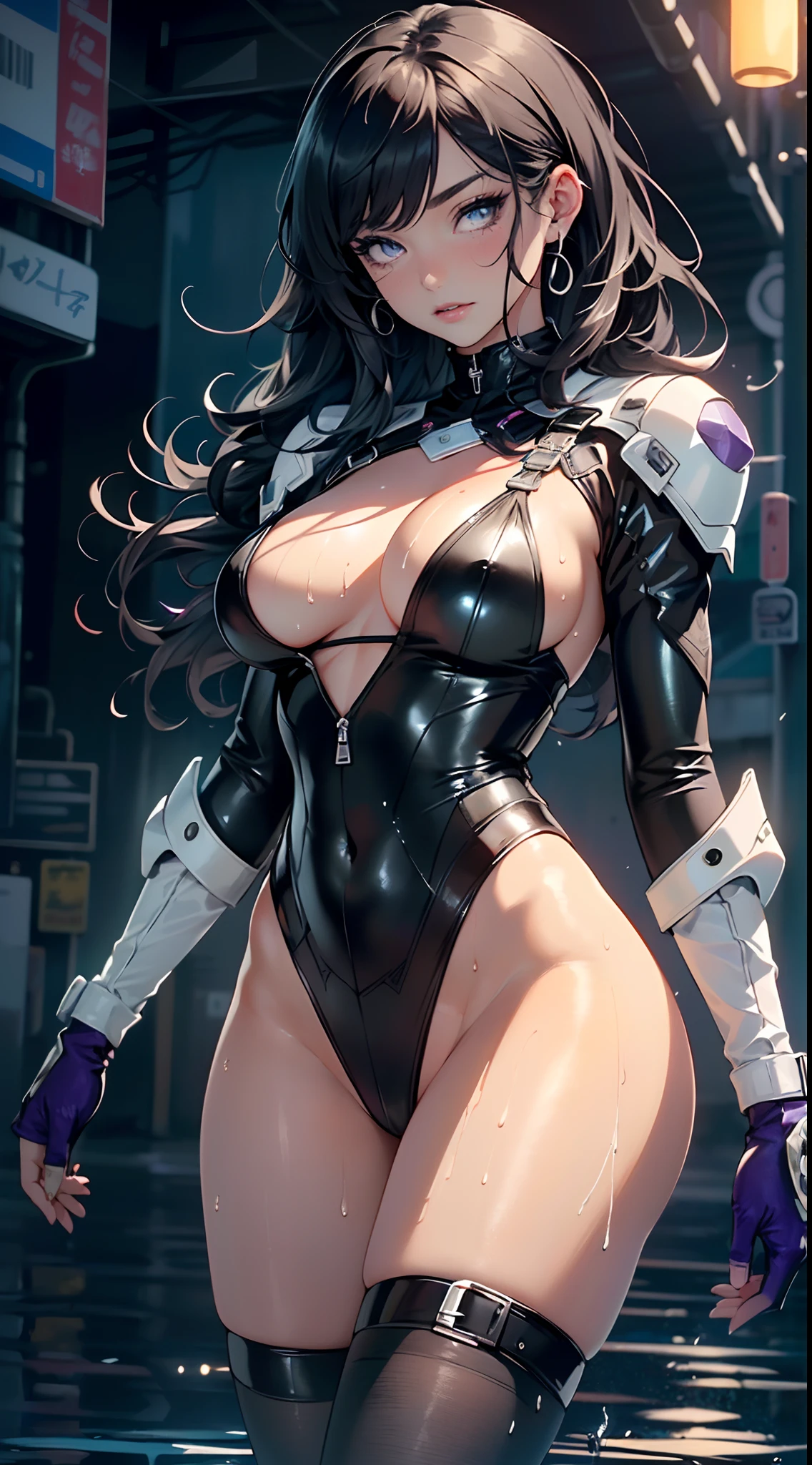 girl spacepunk,(((1girl))),((cute and beautiful black haired girl)),

(large breasts:1.4),saggy breasts,(((black wavy hair:1.35,absurdly long unkempt hair,messy hair,colored inner hair,ear breathing))),(((eyes purple:1.3))),intricate eyes,beautiful detailed eyes,symmetrical eyes,((fat)),(((lustrous skin:1.5,bright skin: 1.5,skin tanned,shiny skin,very shiny skin,shiny body,plastic glitter skin,exaggerated shiny skin,illuminated skin,wet legs))),(spider lower abdomen,narrow waist,wide hip,athletic body,inflated legs,delicate detailed fingers,detailed body,human hands,(detailed face)),

cute,slutty,erotic,((nsfw)),

zettai ryouiki,revealing clothing,show skin,(wearing a mechanical space body armor:1.3,micro armor bikini,bare legs),with micro clothes,almost totally naked,with little clothing,tiny thong,generous neckline,(((wet clothes,intricate outfit,intricate clothes))),

dynamic pose:1.0,embarrassed,(centered,scale to fit dimensions,Rule of thirds),

cyberpunk city by the ocean at night, with bright neon signs and dark stormy clouds and puddles, scenery:1.25,

artistic photography,(photography taken by sldr),highres, sharp focus, (ultra detailed, extremely detailed), (photorealistic artwork:1.37),(extremely detailed CG unity 8k wallpaper),((synthwave background theme)),(((vibrant colors))),(intricate background),(masterpiece),(best quality),