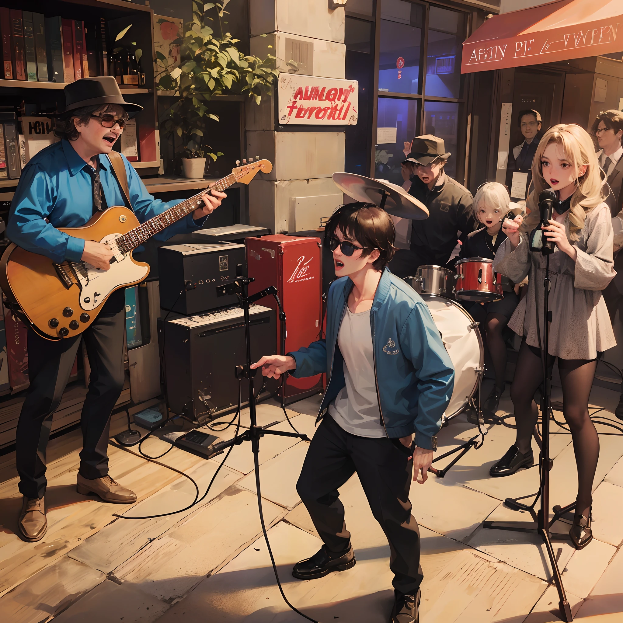 Blues Brothers, John Belushi shouting, band playing in the background, (chorus of co-stars:1.2), Musical