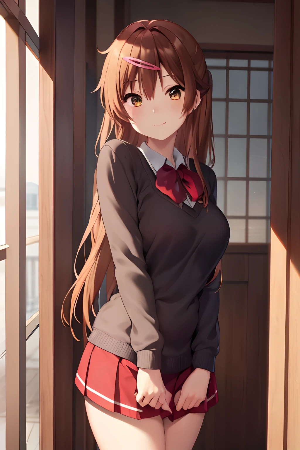 ​masterpiece, (top-quality), 1womanl,1girl in,shinka_nibutani, brown haired, length hair, side poneyTail, brown-eyed, Icho Private High School UNFIROM, 校服, Sweaters,middlebreast,hair adornments,Female sexy,a smile, hair between eye, long-sleeve,closed clothes, embarrassed from,red blush, skirt by the, vivd colour ,natural soft light ,RTX, , Beautiful fece, (详细的脸:1.2), showcase, (perfect  eyes:1.1) ,(Photorealsitic:1.1), 8K UHD,  looking at the viewers、Outdoors、Inside the classroom、