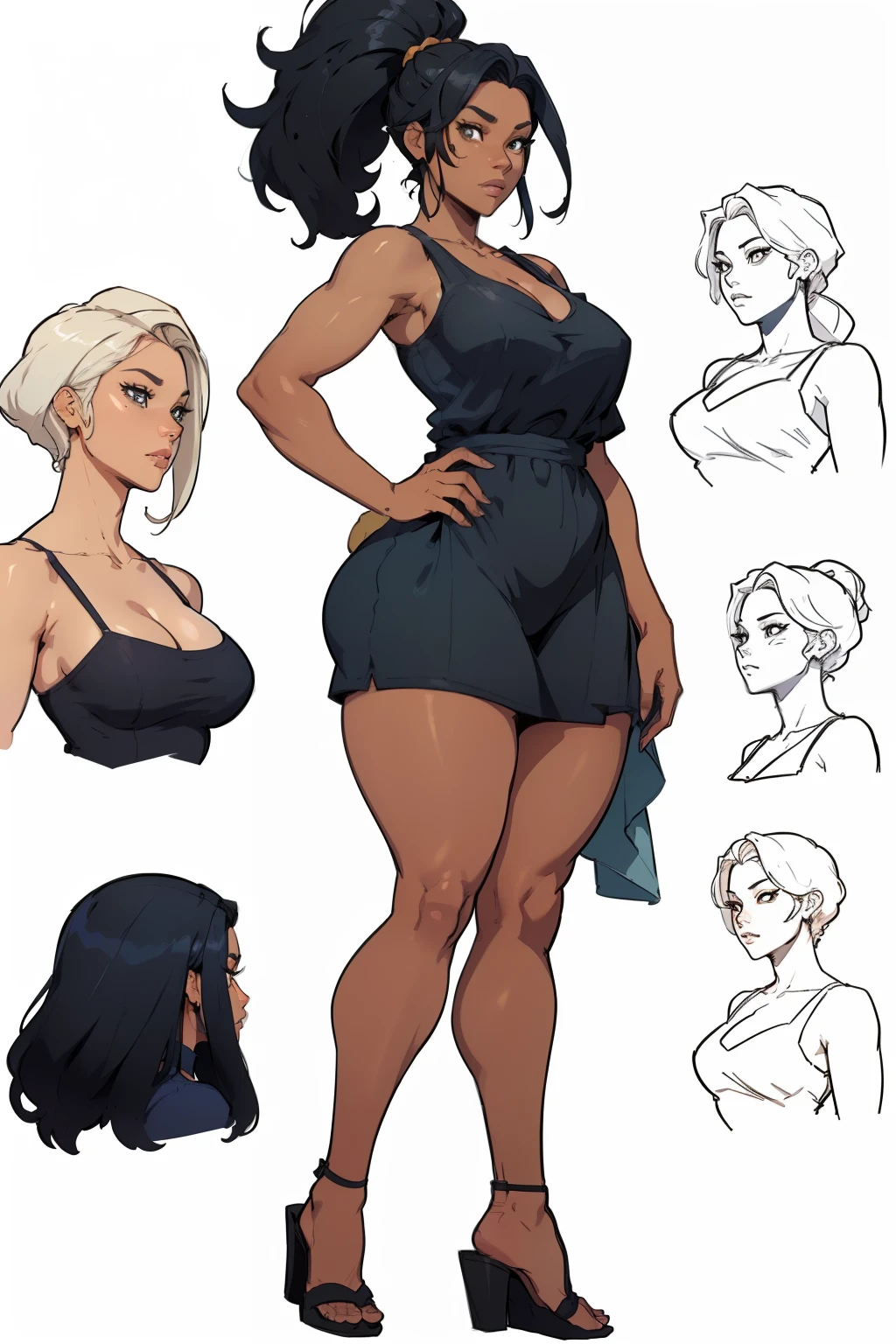 ((masterpiece)),(((best quality))),((character design sheet)), ((full body view)) illustration,1girl, thick thighs, ((sundress:1.2)), blue black hair, ((detailed face:1.4)) beautiful african american woman, scribbles and marks, rough sketches, solid color backdrop, clean backdrop,